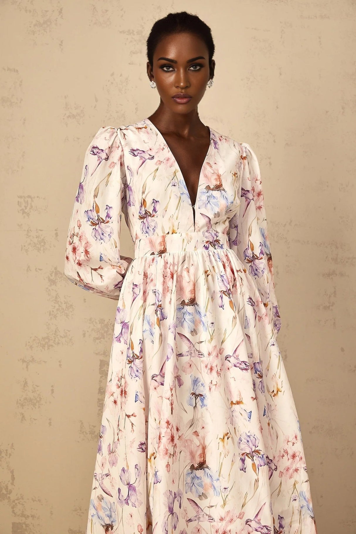 Kayla Midi Dress White Floral Print V - Neck Cinched Waist Puff Sleeves