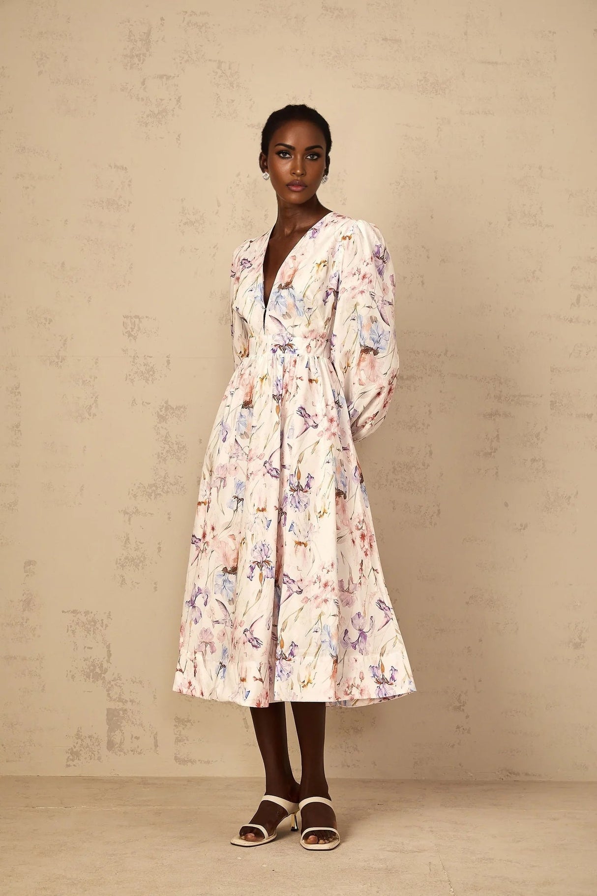 Kayla Midi Dress White Floral Print V - Neck Cinched Waist Puff Sleeves