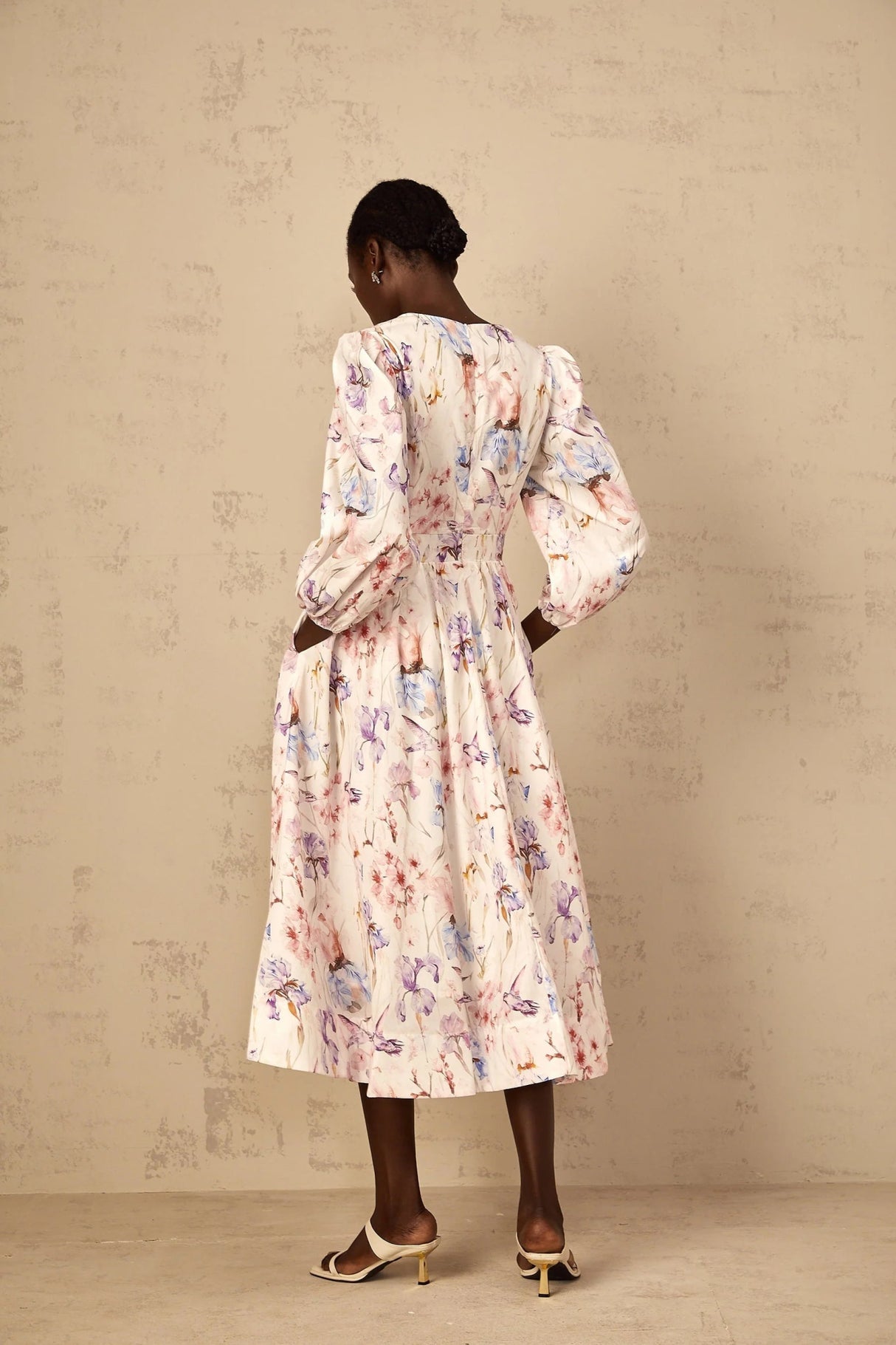 Kayla Midi Dress White Floral Print V - Neck Cinched Waist Puff Sleeves