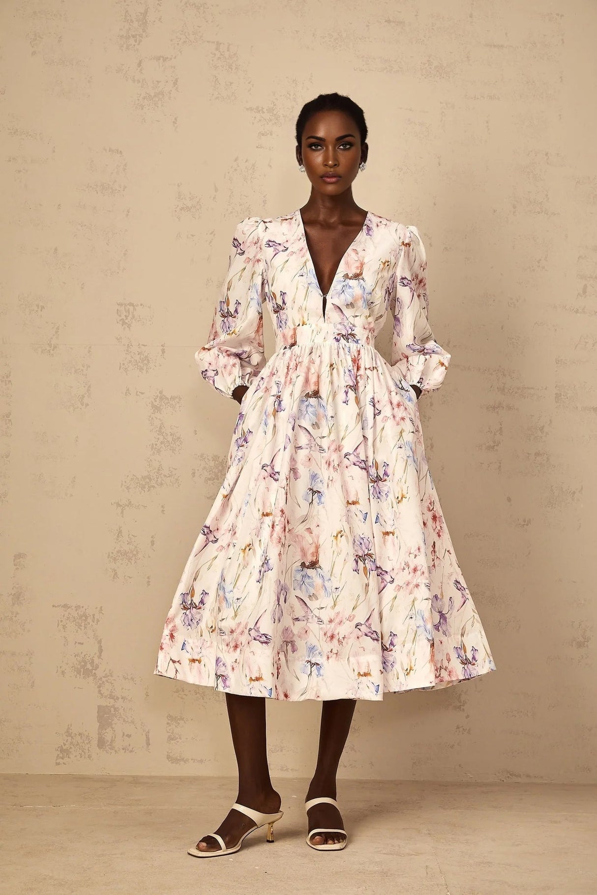 Kayla Midi Dress White Floral Print V - Neck Cinched Waist Puff Sleeves