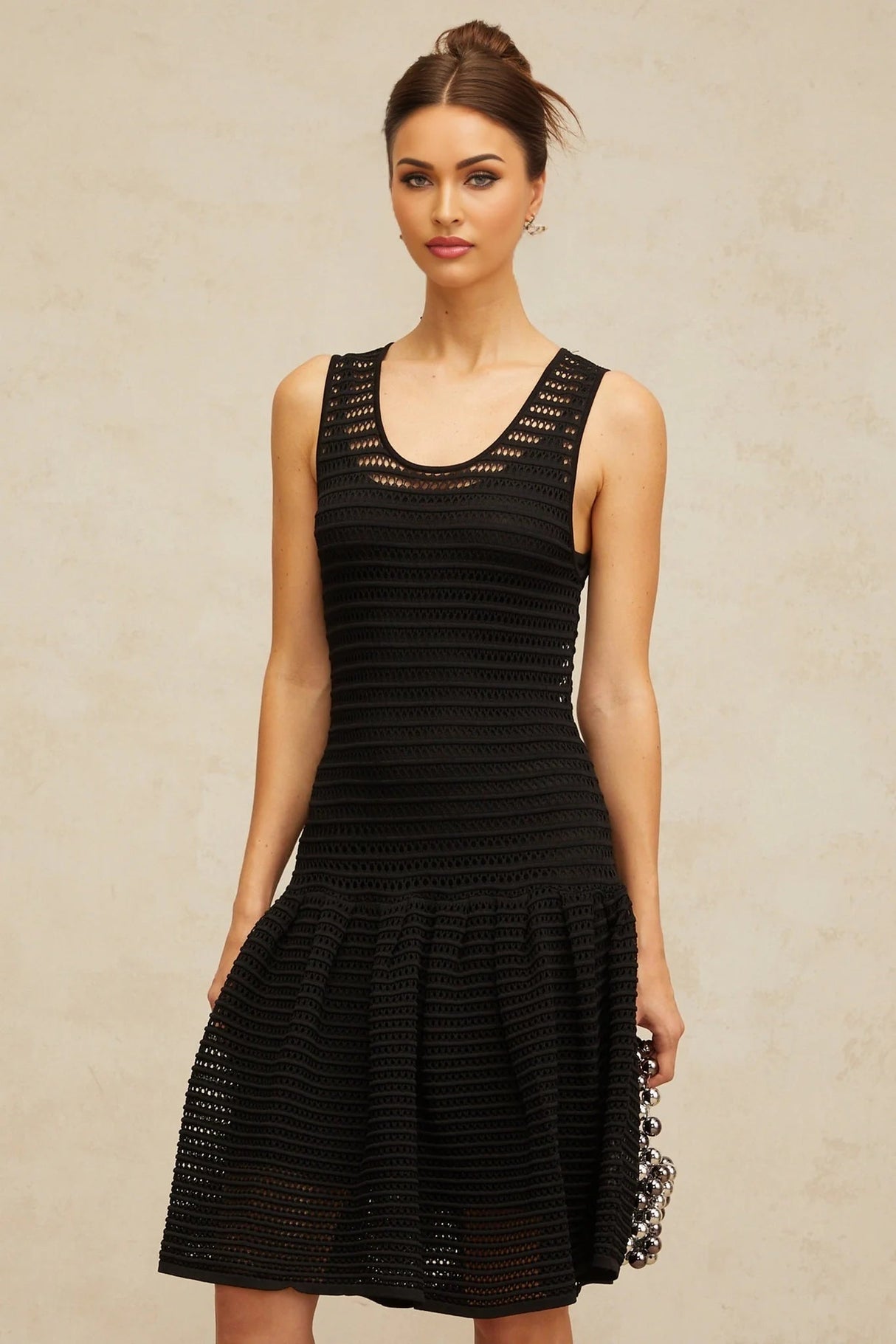Kayla Mini Dress Black Flounced Knit & U - neck