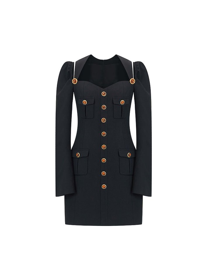Kayla Sophia Buttoned Blazer Dress - Tailored Fit - Sweetheart Neckline - Button Details - Functional Pockets - Structured Shoulders