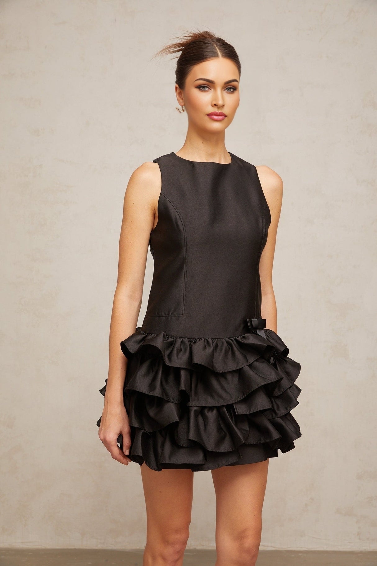 Kayleigh Mini Dress Black Ruffled Tiered Bow Detailing