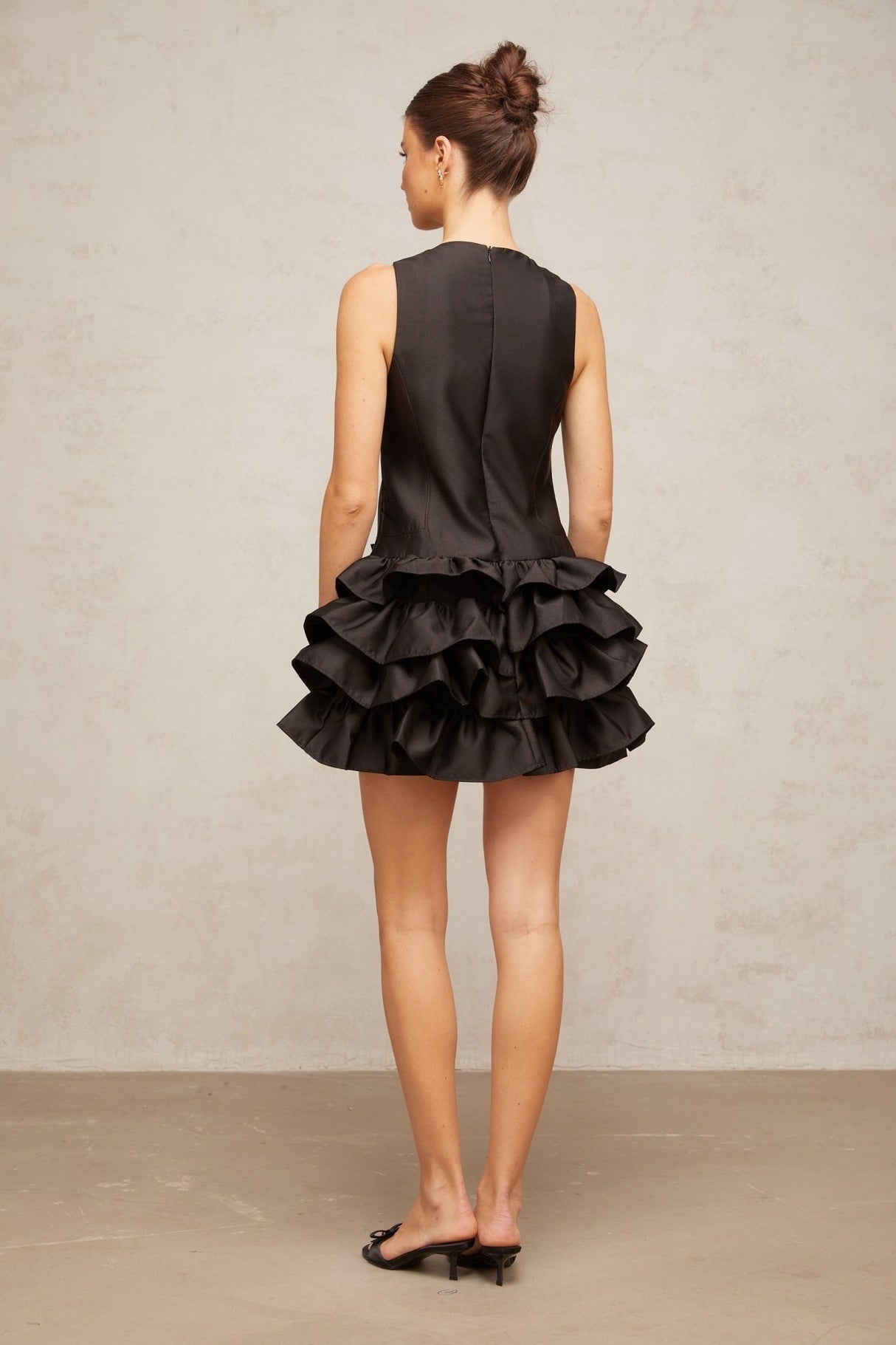 Kayleigh Mini Dress Black Ruffled Tiered Bow Detailing