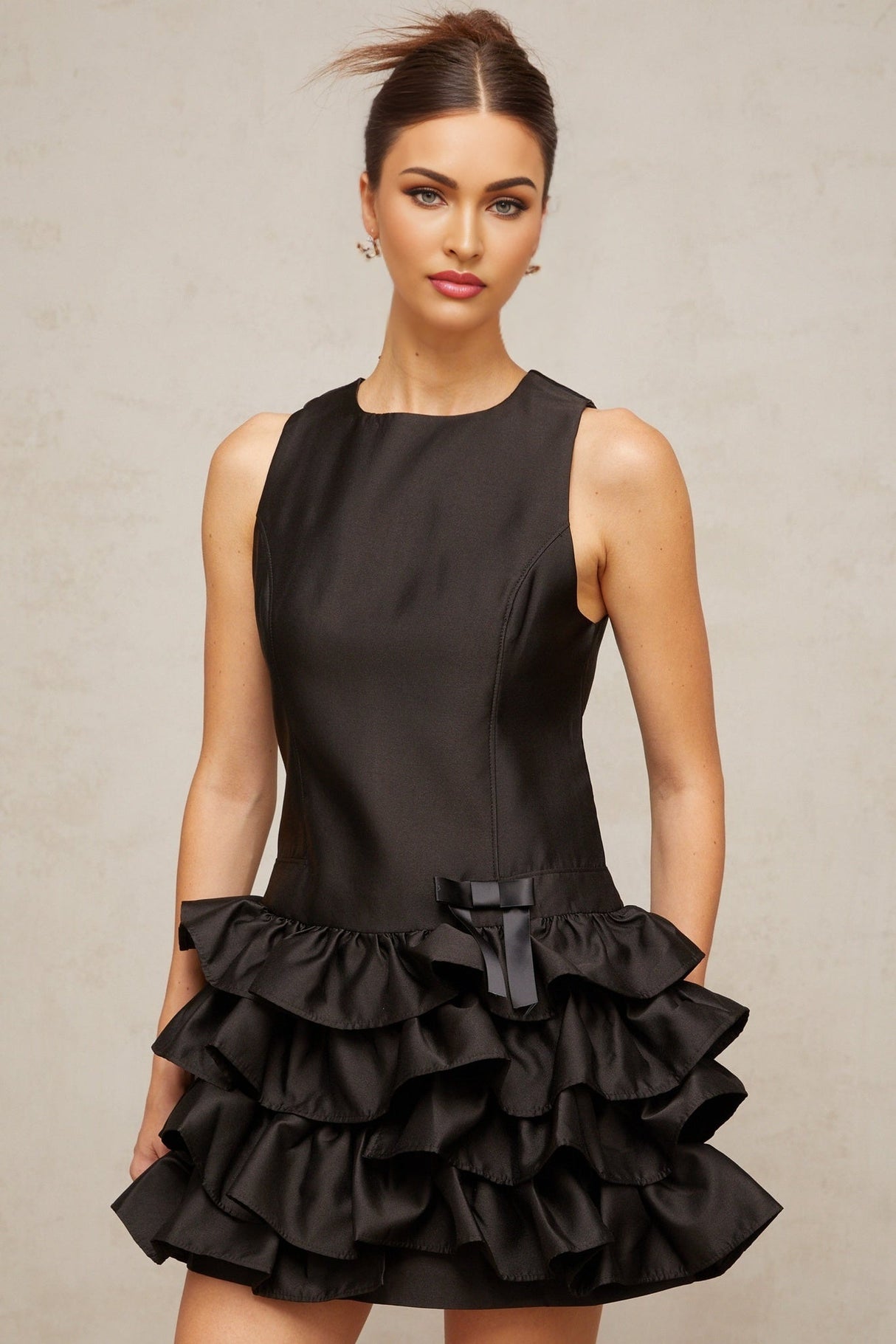 Kayleigh Mini Dress Black Ruffled Tiered Bow Detailing