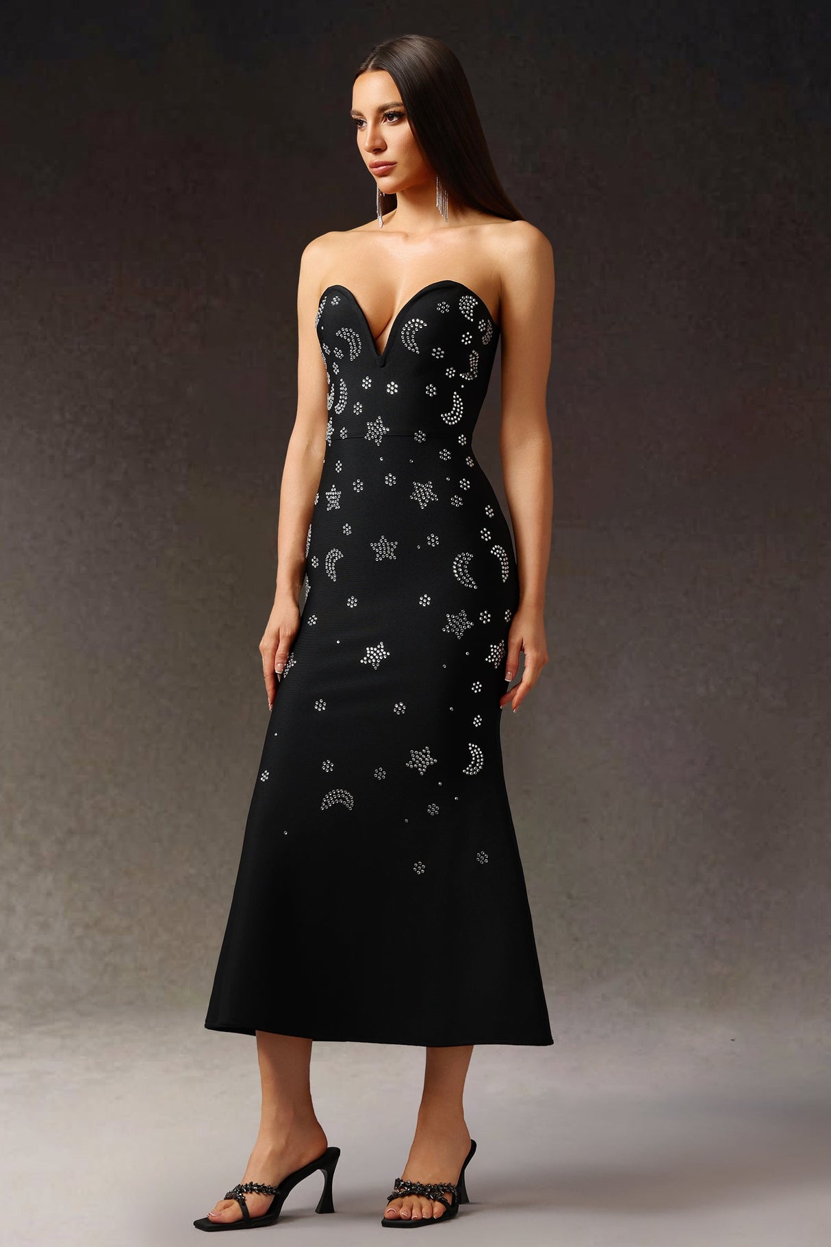 Kaylie Black Fishtail V-Neckline Embellished Dress
