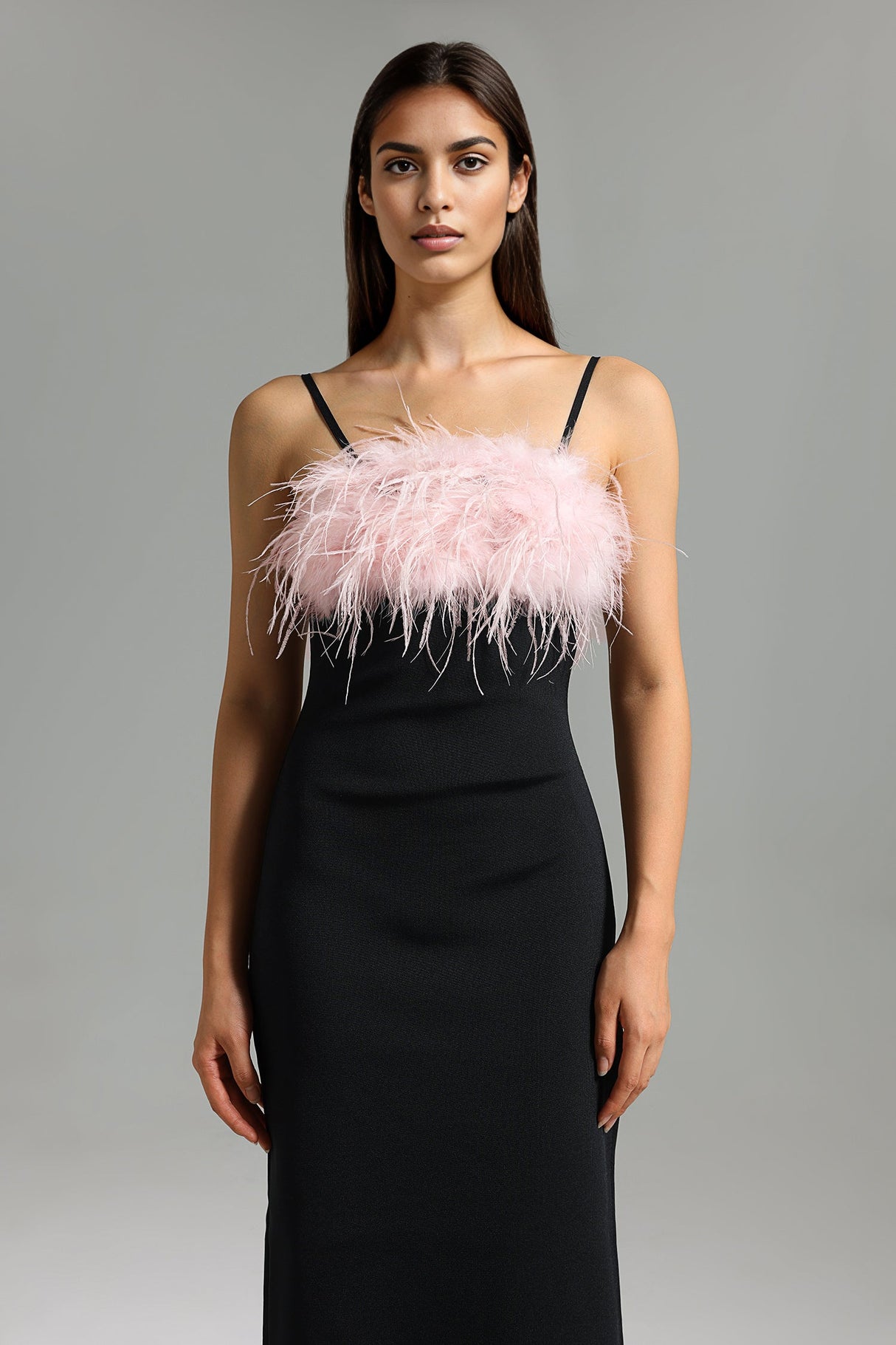 Kaylie Black Maxi Dress with Feather Detailing and Side Slit for Formal Events and Parties