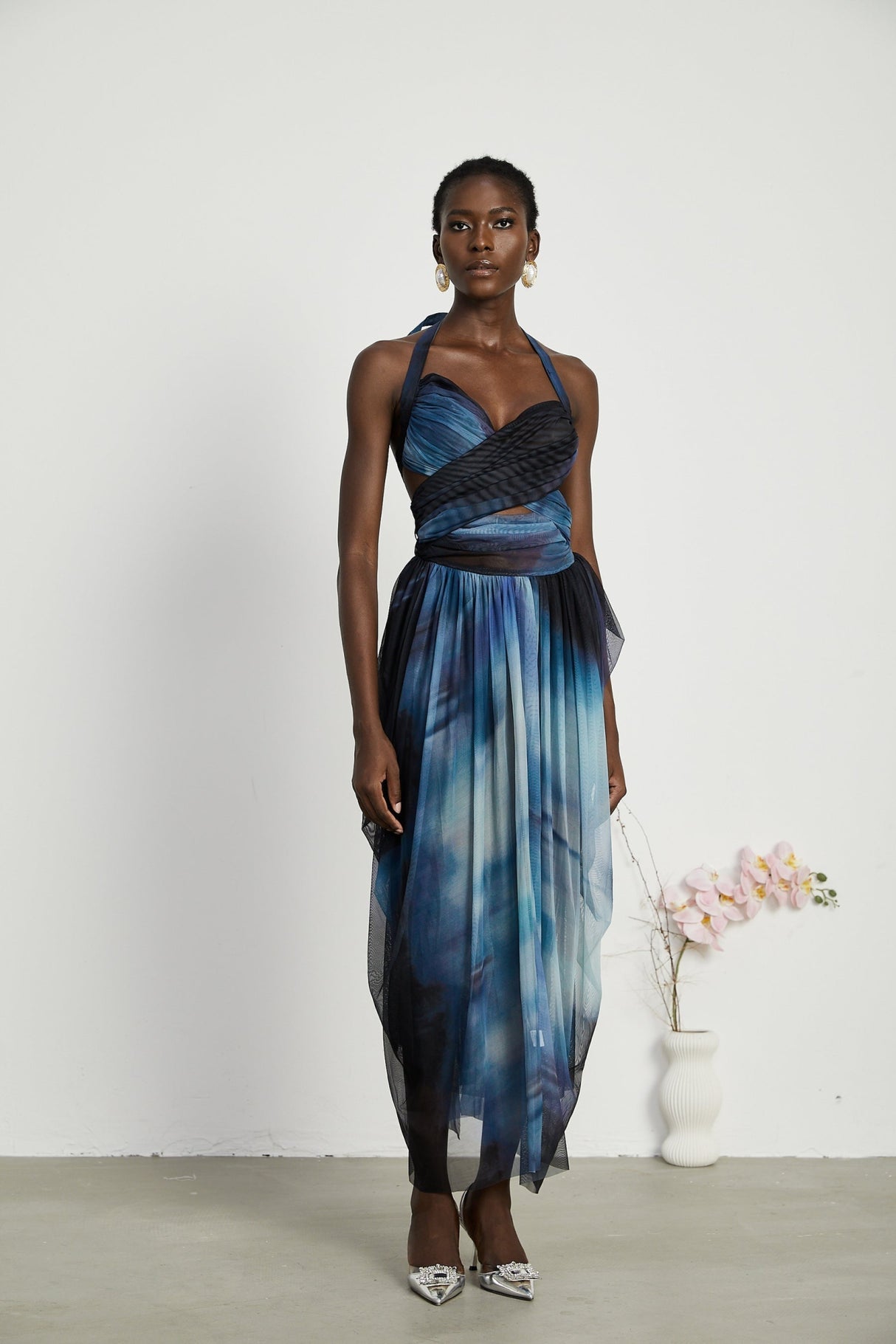 Kaylie Blue to Black Ombre Maxi Dress with Pleats, Halter Bustier and Slit