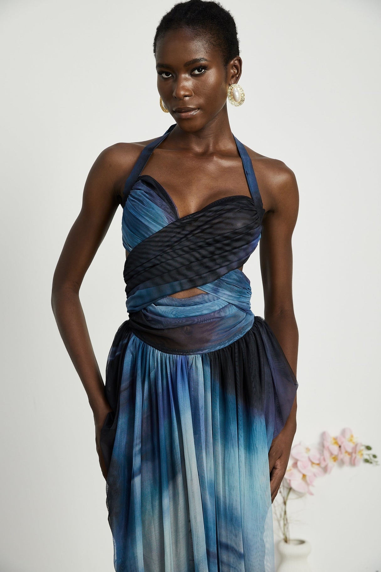 Kaylie Blue to Black Ombre Maxi Dress with Pleats, Halter Bustier and Slit