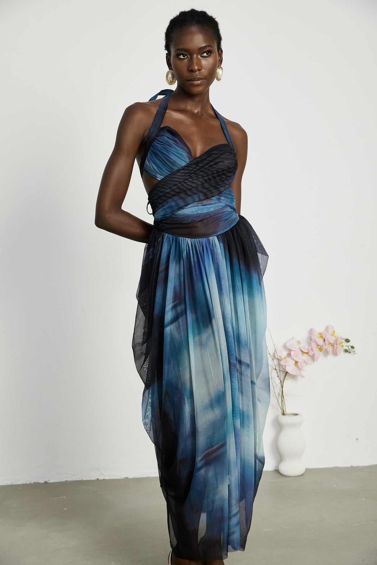 Kaylie Blue to Black Ombre Maxi Dress with Pleats, Halter Bustier and Slit