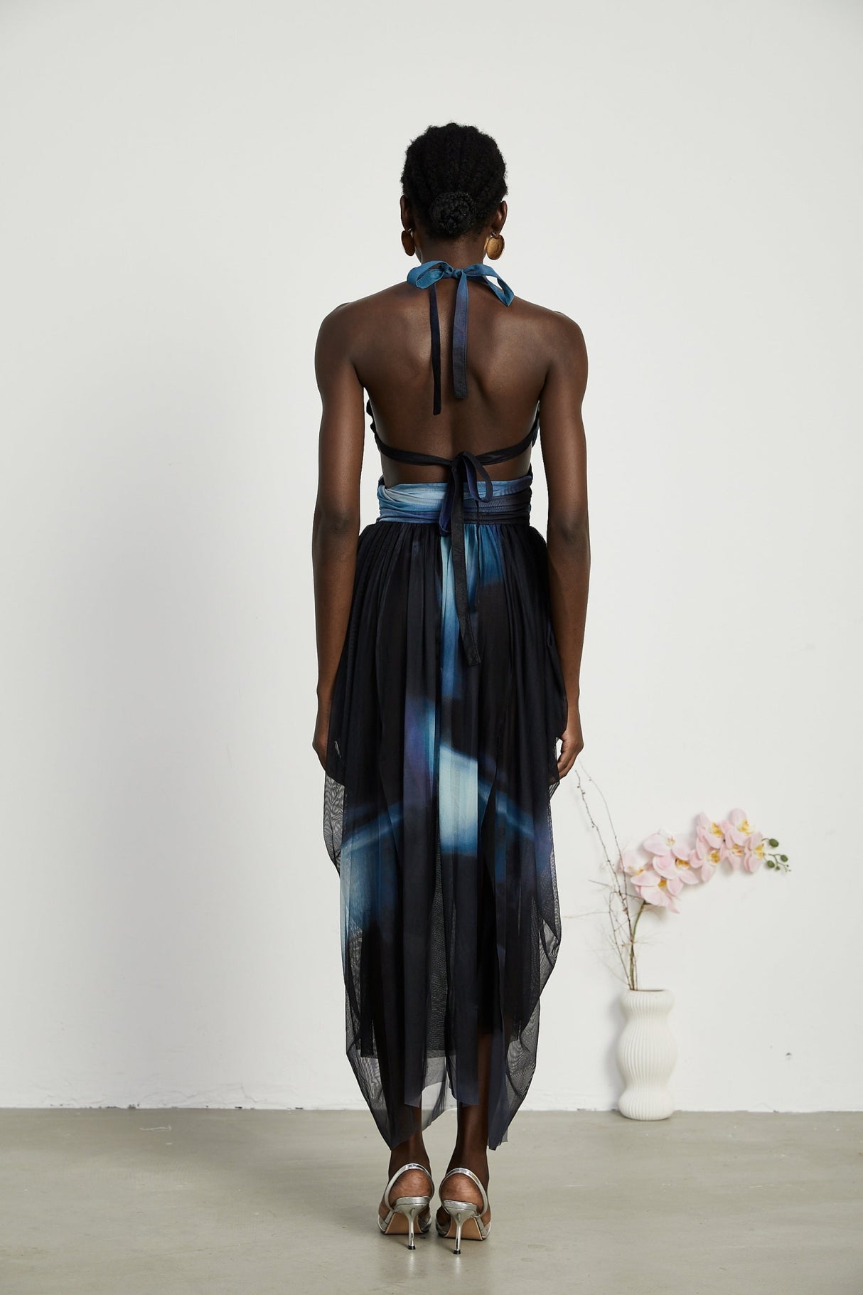 Kaylie Blue to Black Ombre Maxi Dress with Pleats, Halter Bustier and Slit