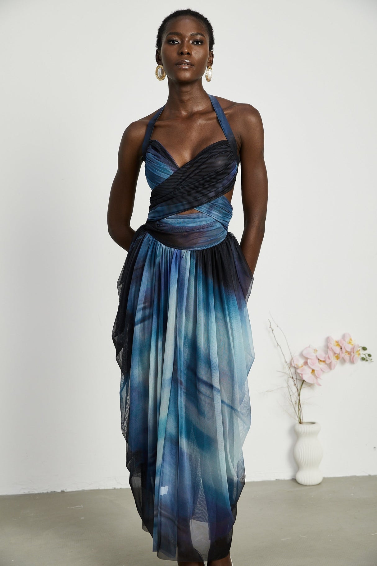 Kaylie Maxi Dress - Sleeveless Halter Neck - Bustier Style with Cut - Outs - Pleated with Side Slit - Ombre Design
