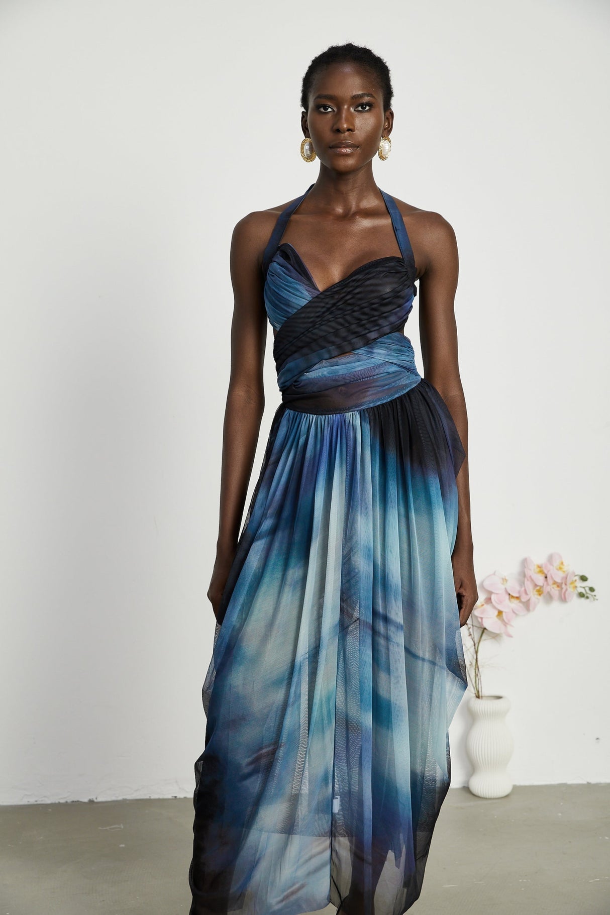 Kaylie Maxi Dress - Sleeveless Halter Neck - Bustier Style with Cut - Outs - Pleated with Side Slit - Ombre Design