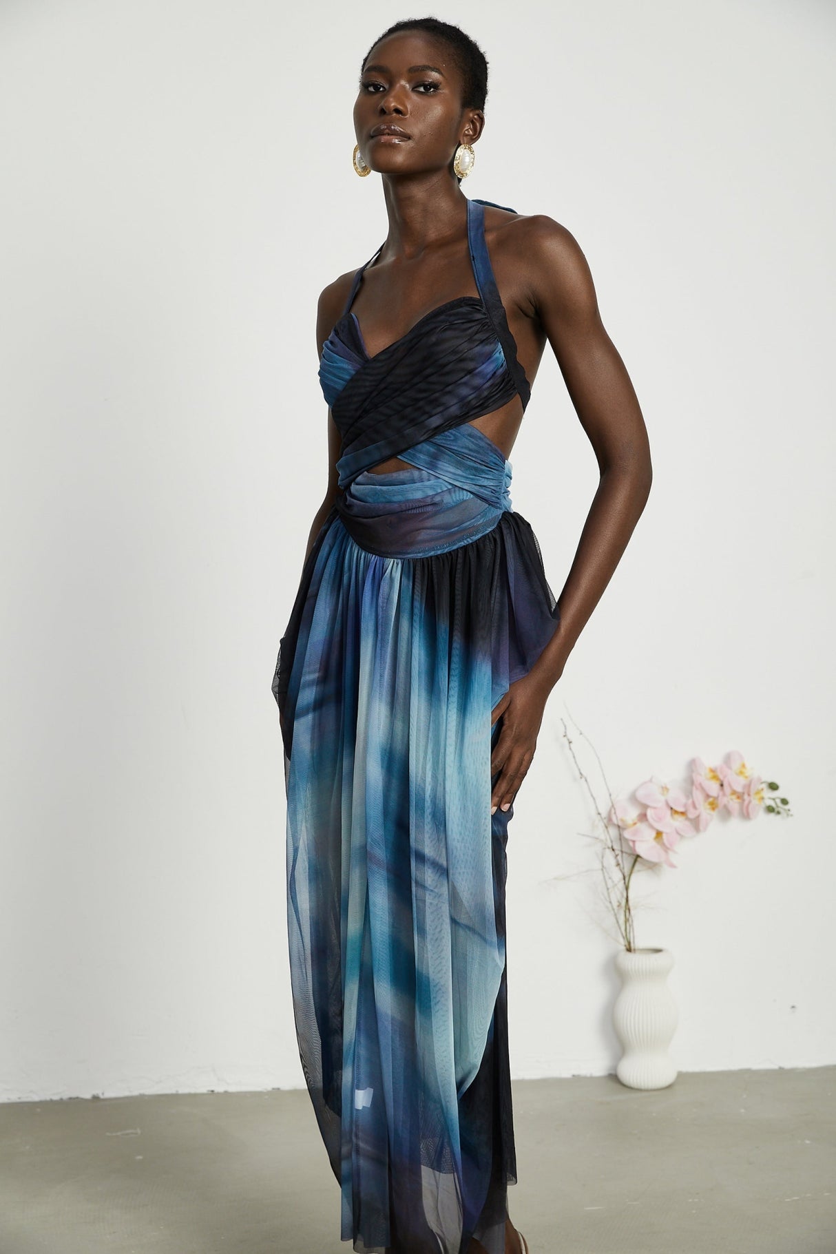 Kaylie Maxi Dress - Sleeveless Halter Neck - Bustier Style with Cut - Outs - Pleated with Side Slit - Ombre Design
