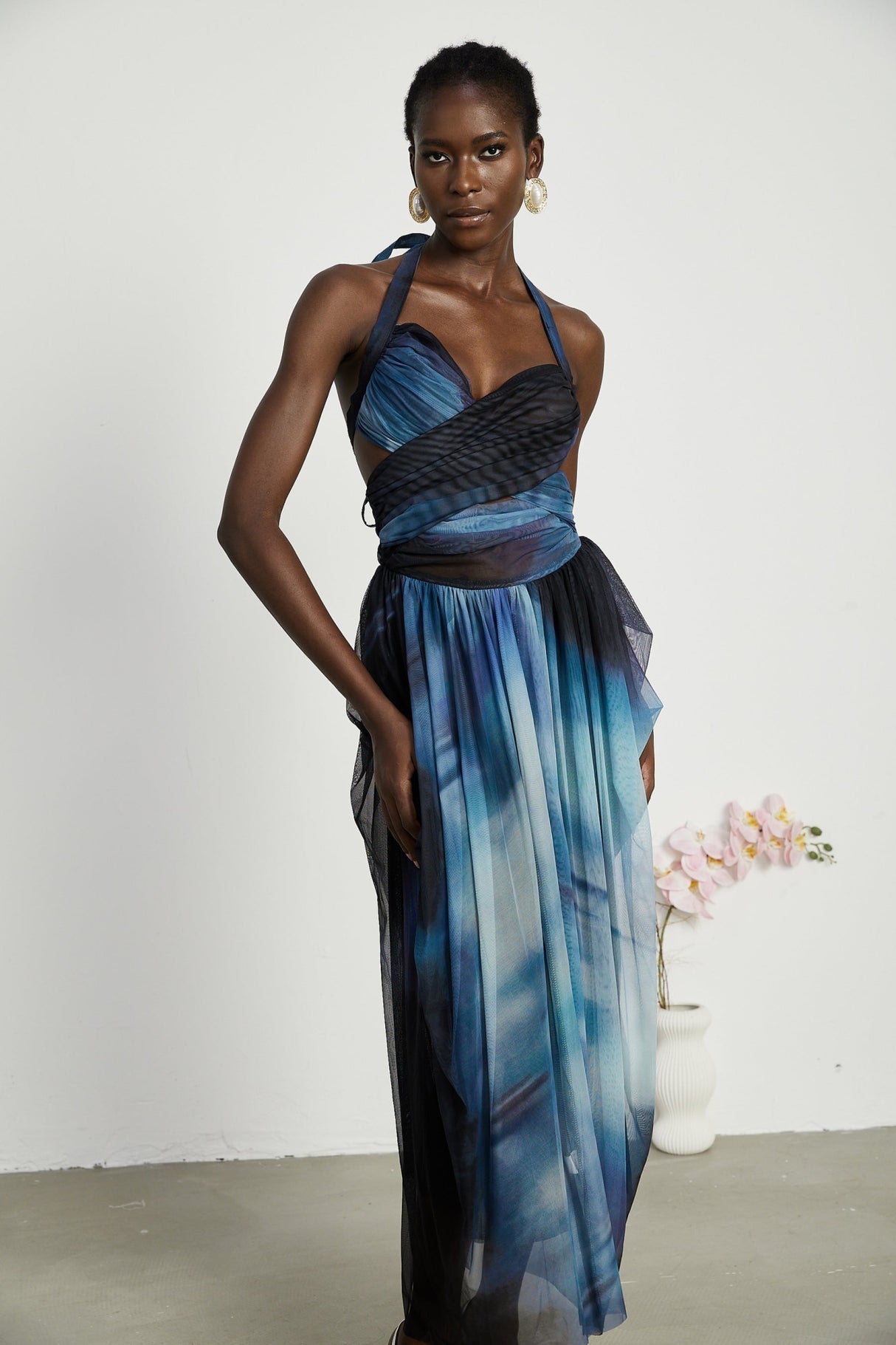Kaylie Maxi Dress - Sleeveless Halter Neck - Bustier Style with Cut - Outs - Pleated with Side Slit - Ombre Design