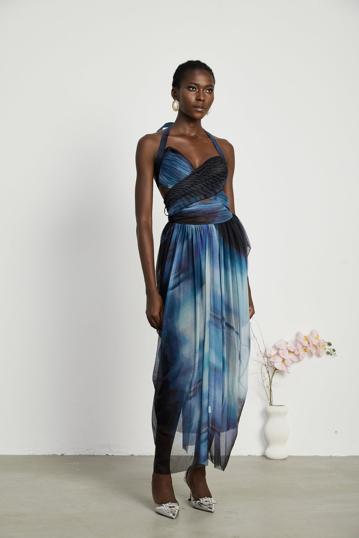 Kaylie Maxi Dress - Sleeveless Halter Neck - Bustier Style with Cut - Outs - Pleated with Side Slit - Ombre Design