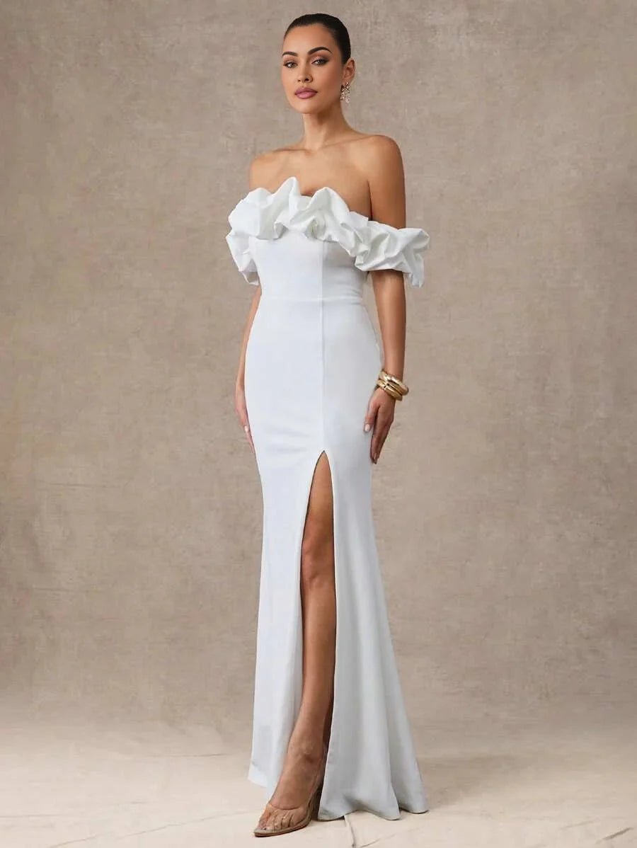 Kaylie Midi Dress - Off The Shoulder - Wedding Ready - High Waist - Bodycon Fit - Ruffle Detail