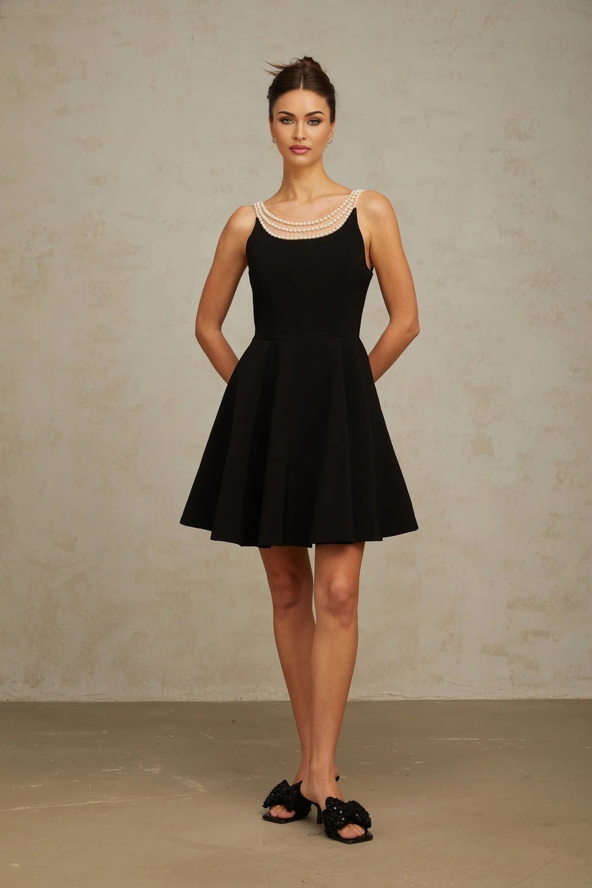 Kaylie Mini Dress Black Faux - Pearl Embellished Flounce Hem