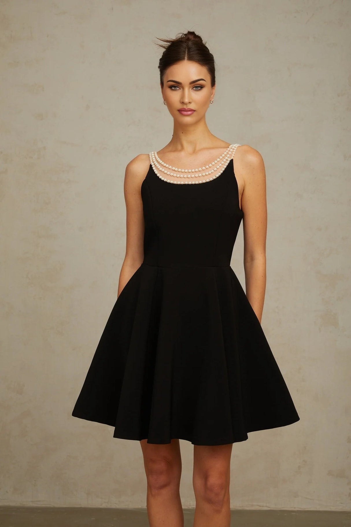 Kaylie Mini Dress Black Faux - Pearl Embellished Flounce Hem