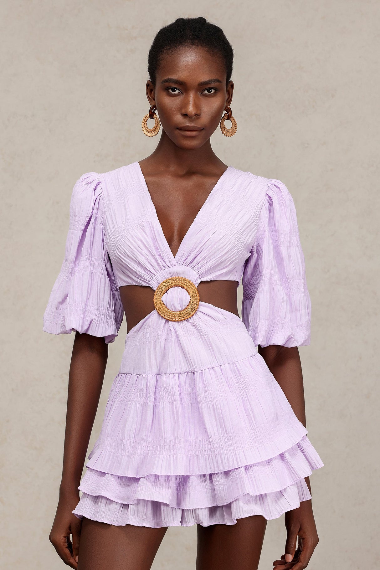 Kendra Lilac V-Neckline Mini Dress with Puff Sleeves and Hollow-Out Detailing
