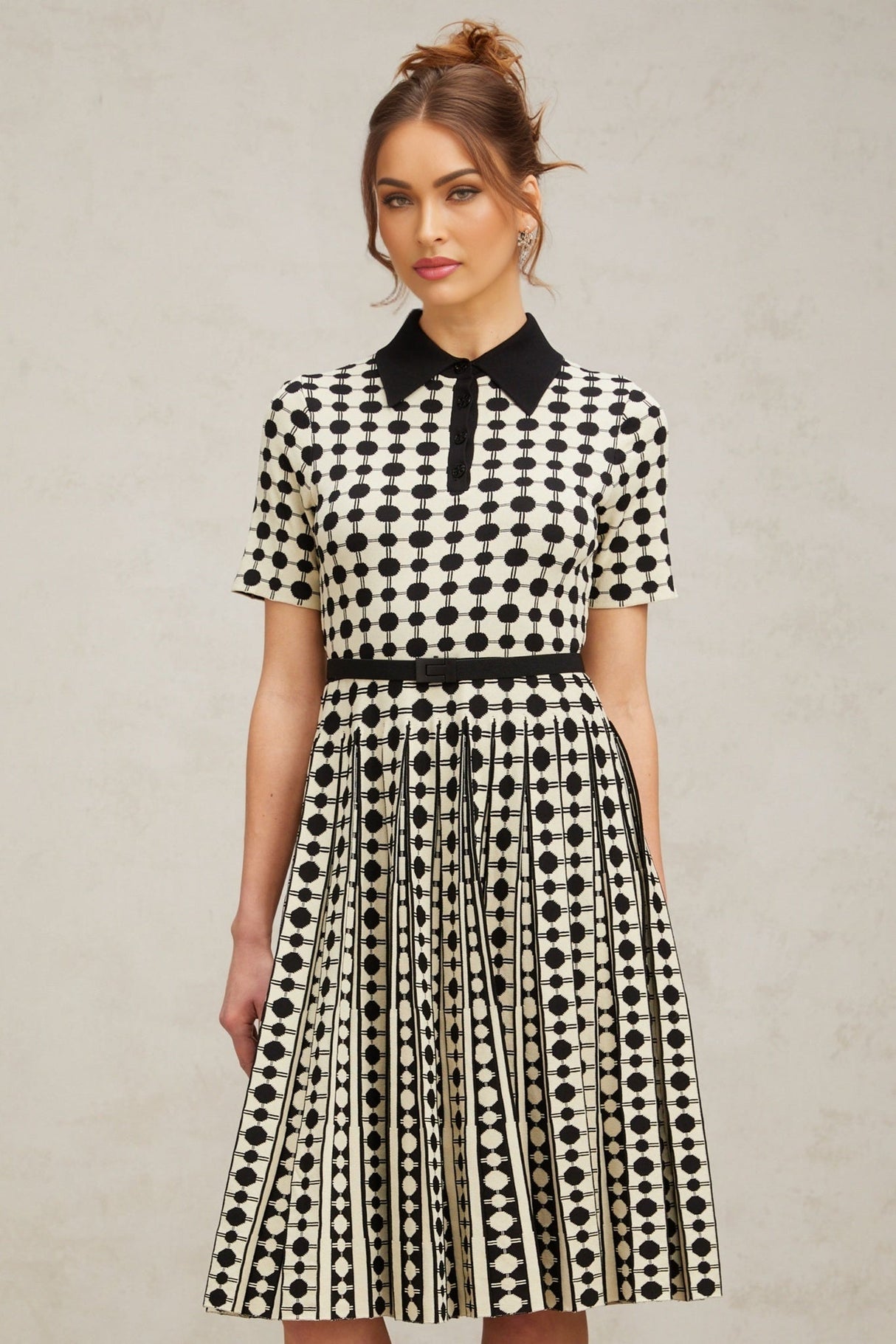 Kendra Midi Dress Black White Polkadot Knit Button Detail Calf Length
