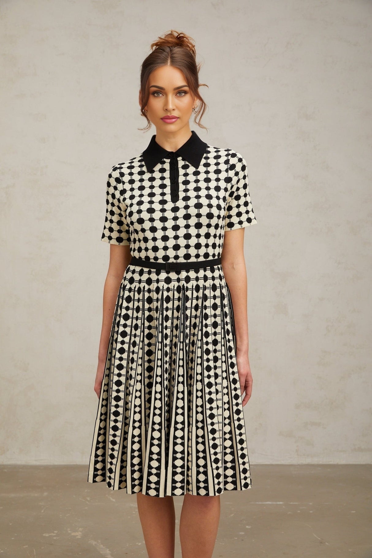 Kendra Midi Dress Black White Polkadot Knit Button Detail Calf Length