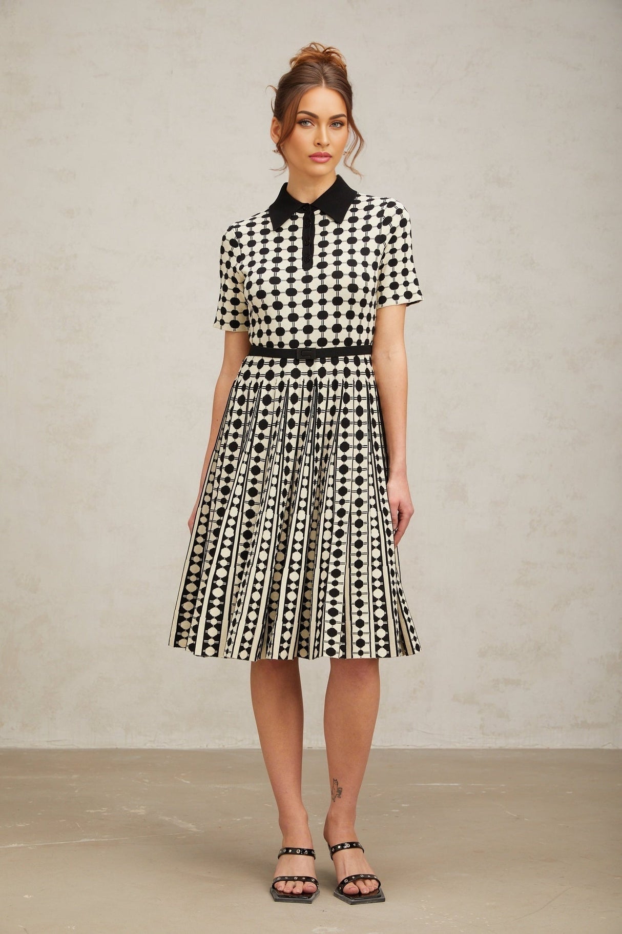 Kendra Midi Dress Black White Polkadot Knit Button Detail Calf Length