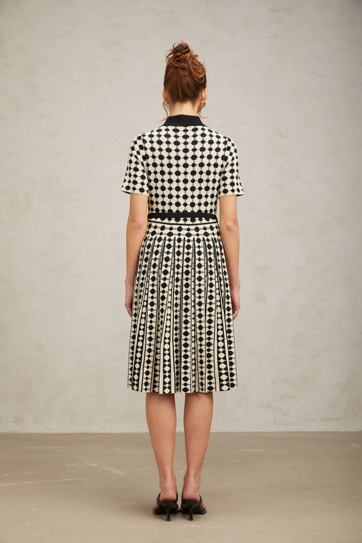 Kendra Midi Dress Black White Polkadot Knit Button Detail Calf Length
