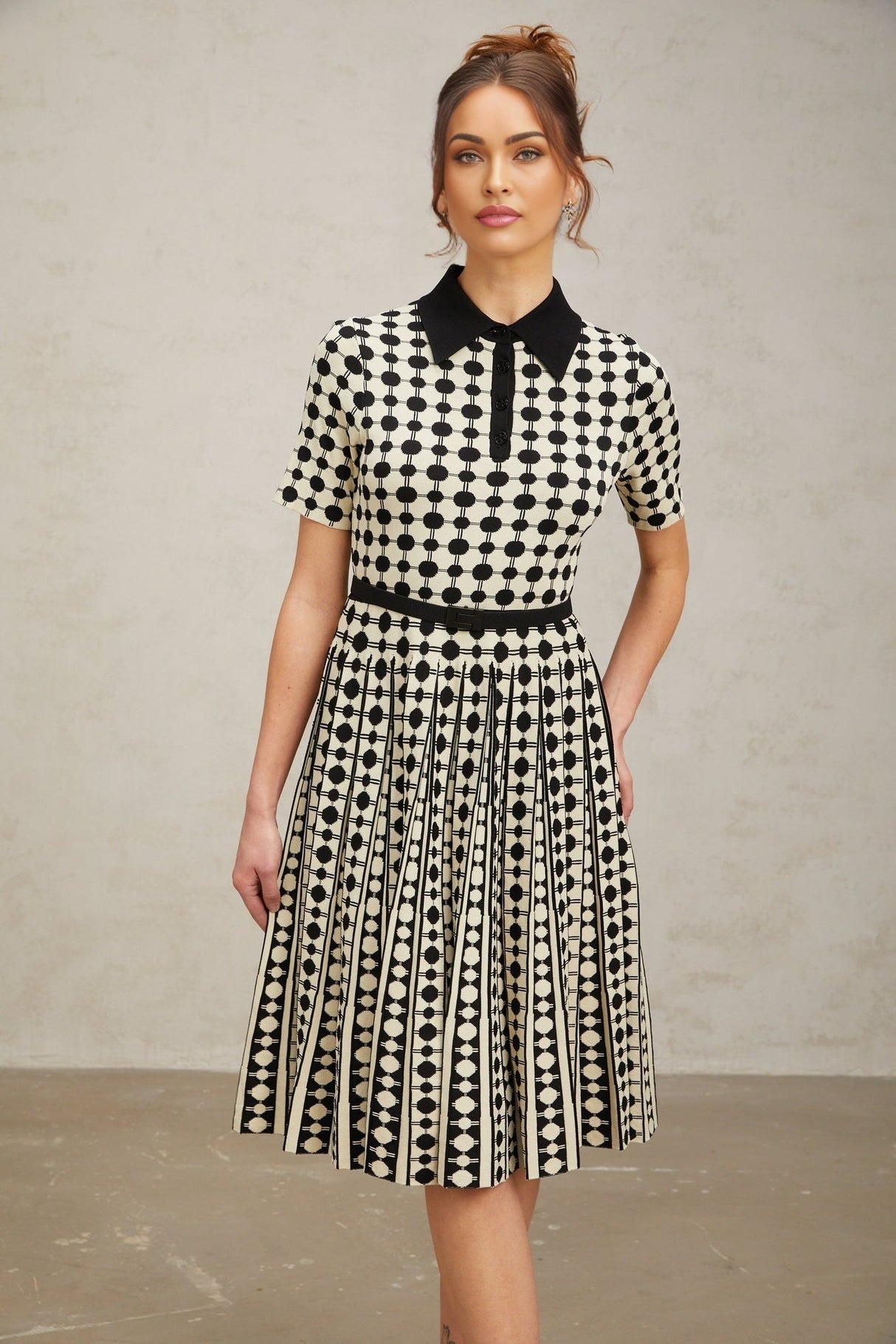 Kendra Midi Dress Black White Polkadot Knit Button Detail Calf Length