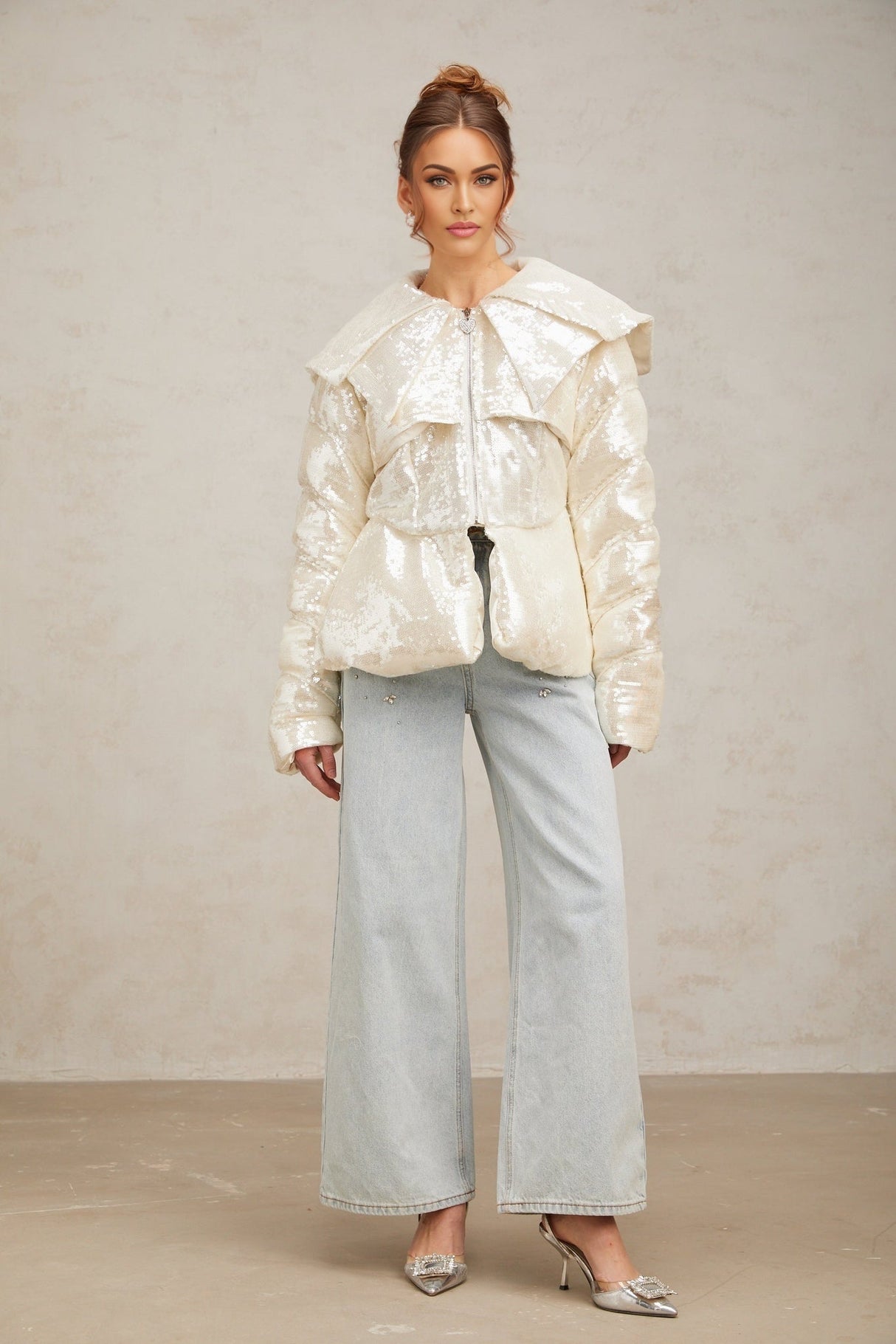 Kenzie Coat Kenzie Sequin White Down Sailor Collar Coat