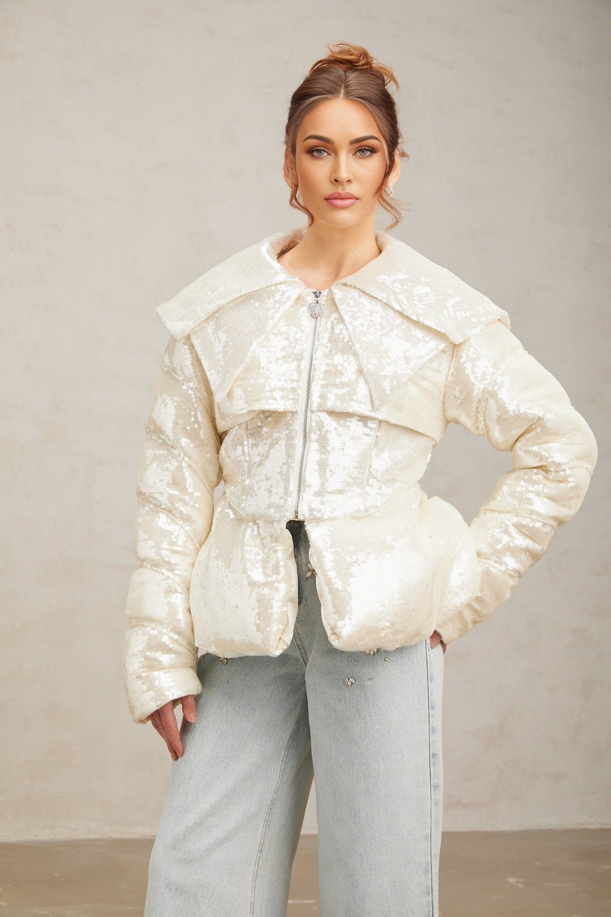 Kenzie Coat Kenzie Sequin White Down Sailor Collar Coat