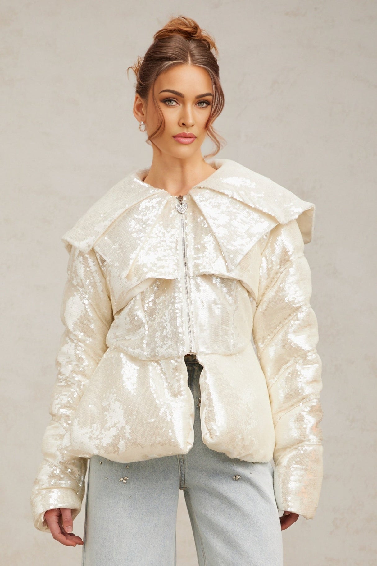 Kenzie Coat Kenzie Sequin White Down Sailor Collar Coat