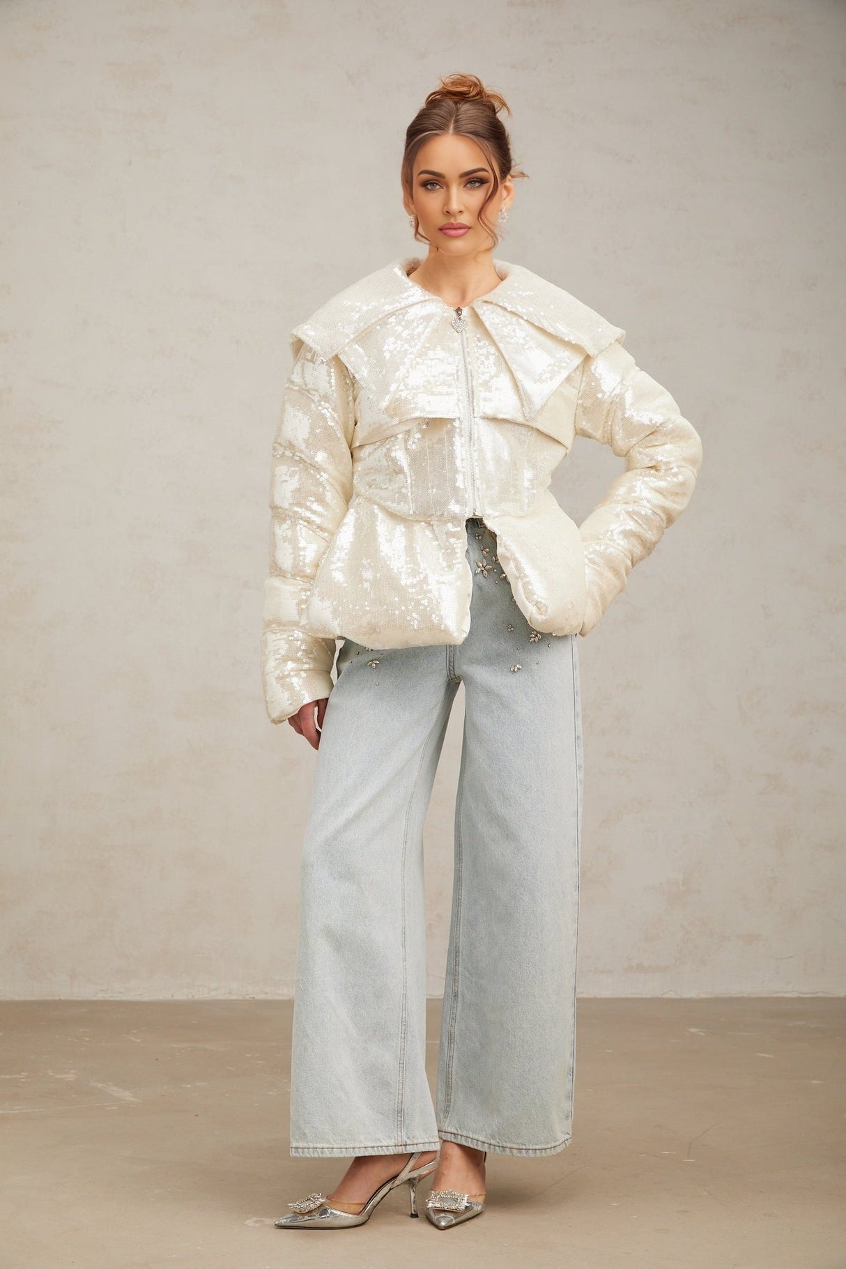 Kenzie Coat Kenzie Sequin White Down Sailor Collar Coat