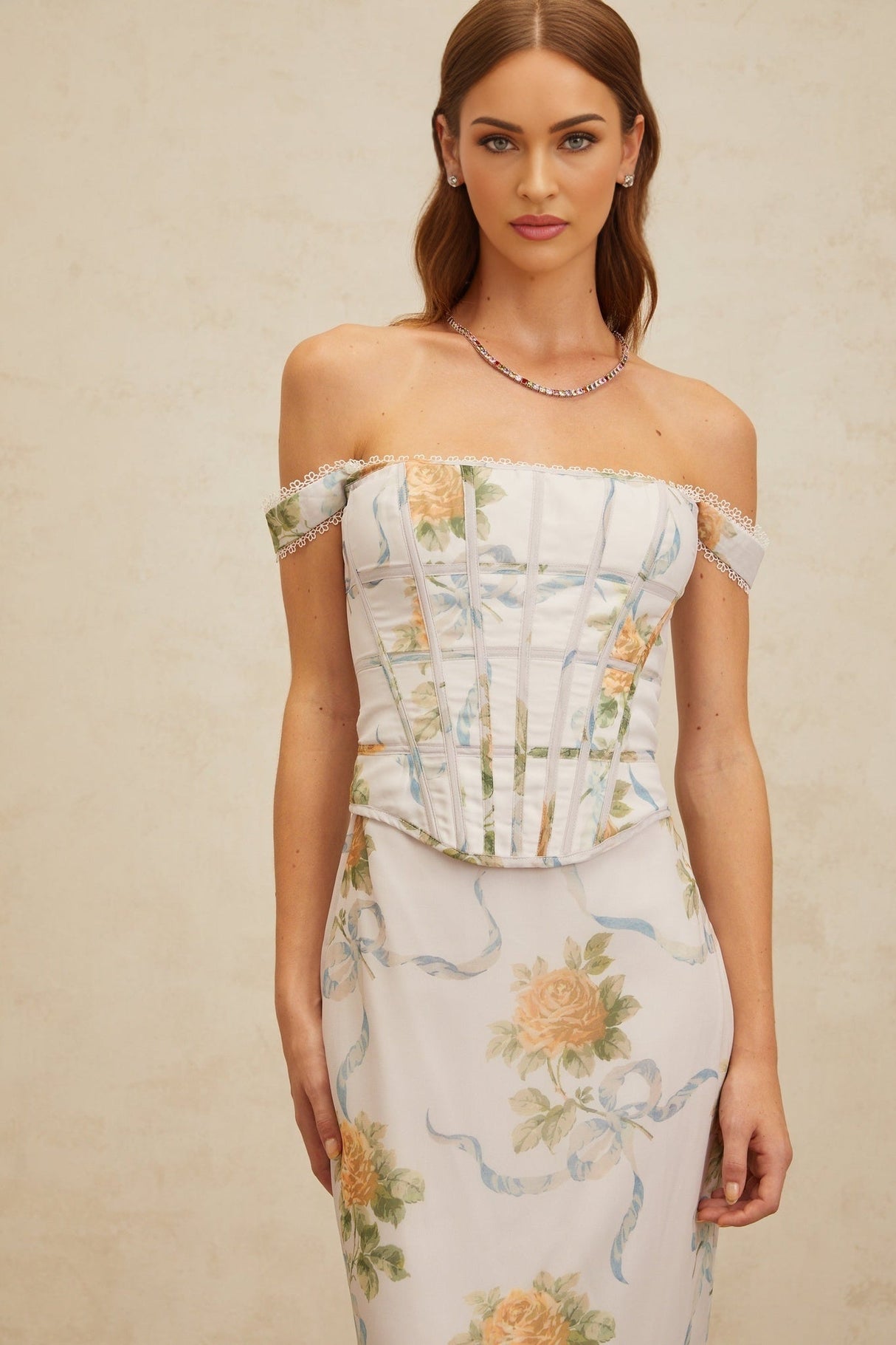 Kenzie Maxi Dress - Off - Shoulder Corseted Floral Print - Boned Bodice - Lace Trim