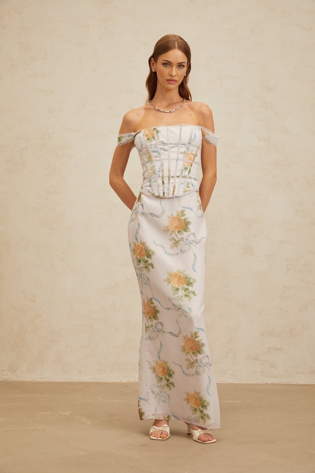 Kenzie Maxi Dress - Off - Shoulder Corseted Floral Print - Boned Bodice - Lace Trim