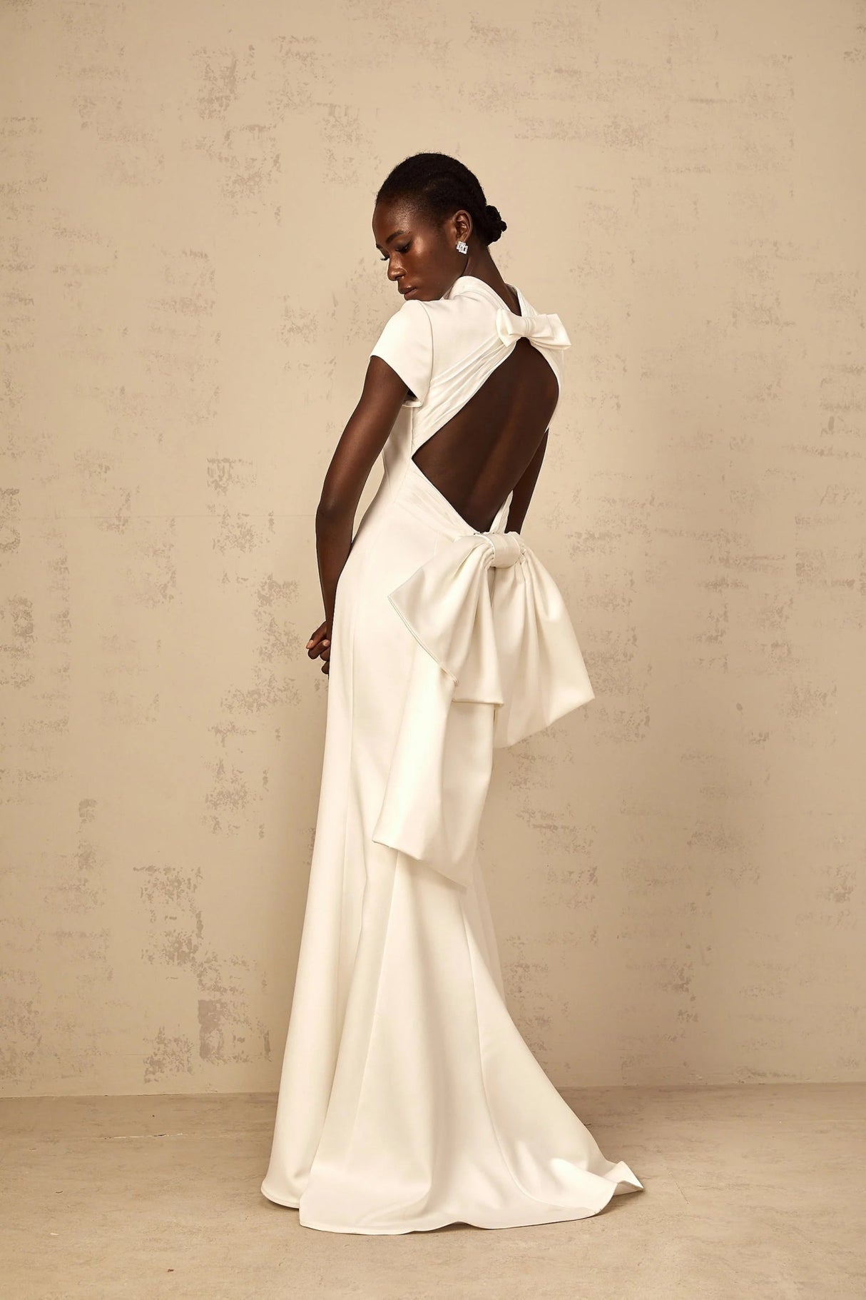 Kenzie Maxi Dress White Bow Mermaid Hem Open Back Cross - Boned