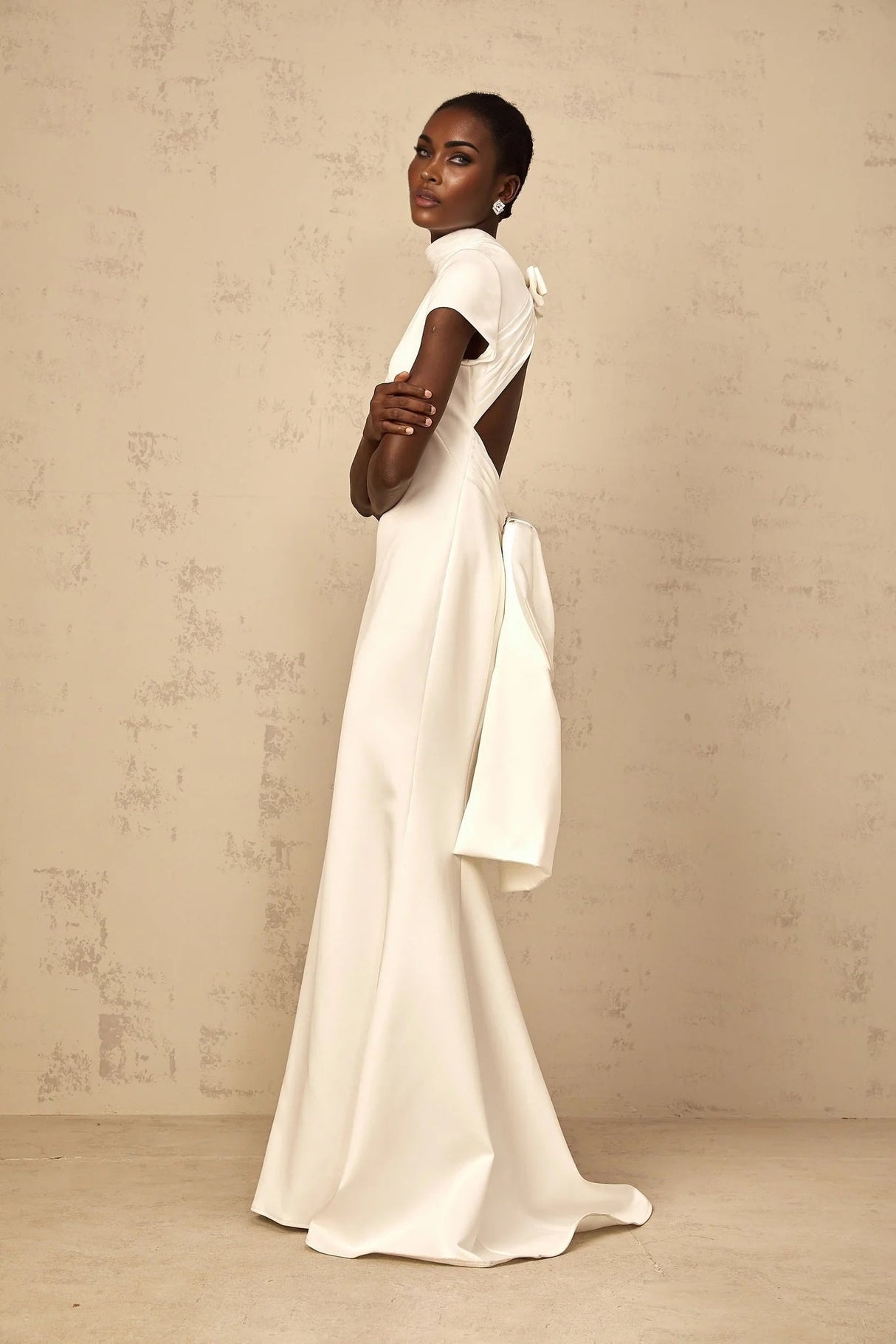 Kenzie Maxi Dress White Bow Mermaid Hem Open Back Cross - Boned
