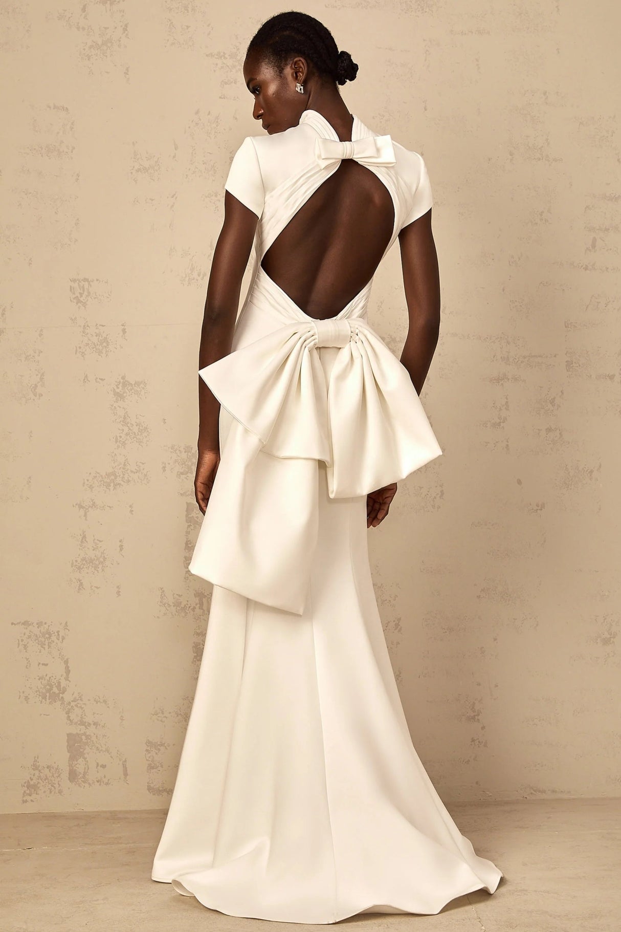 Kenzie Maxi Dress White Bow Mermaid Hem Open Back Cross - Boned
