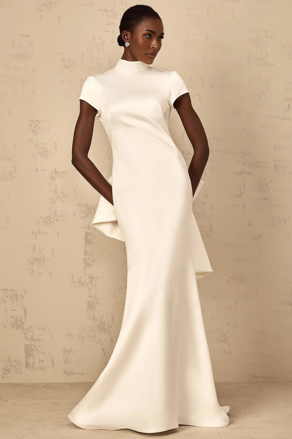 Kenzie Maxi Dress White Bow Mermaid Hem Open Back Cross - Boned