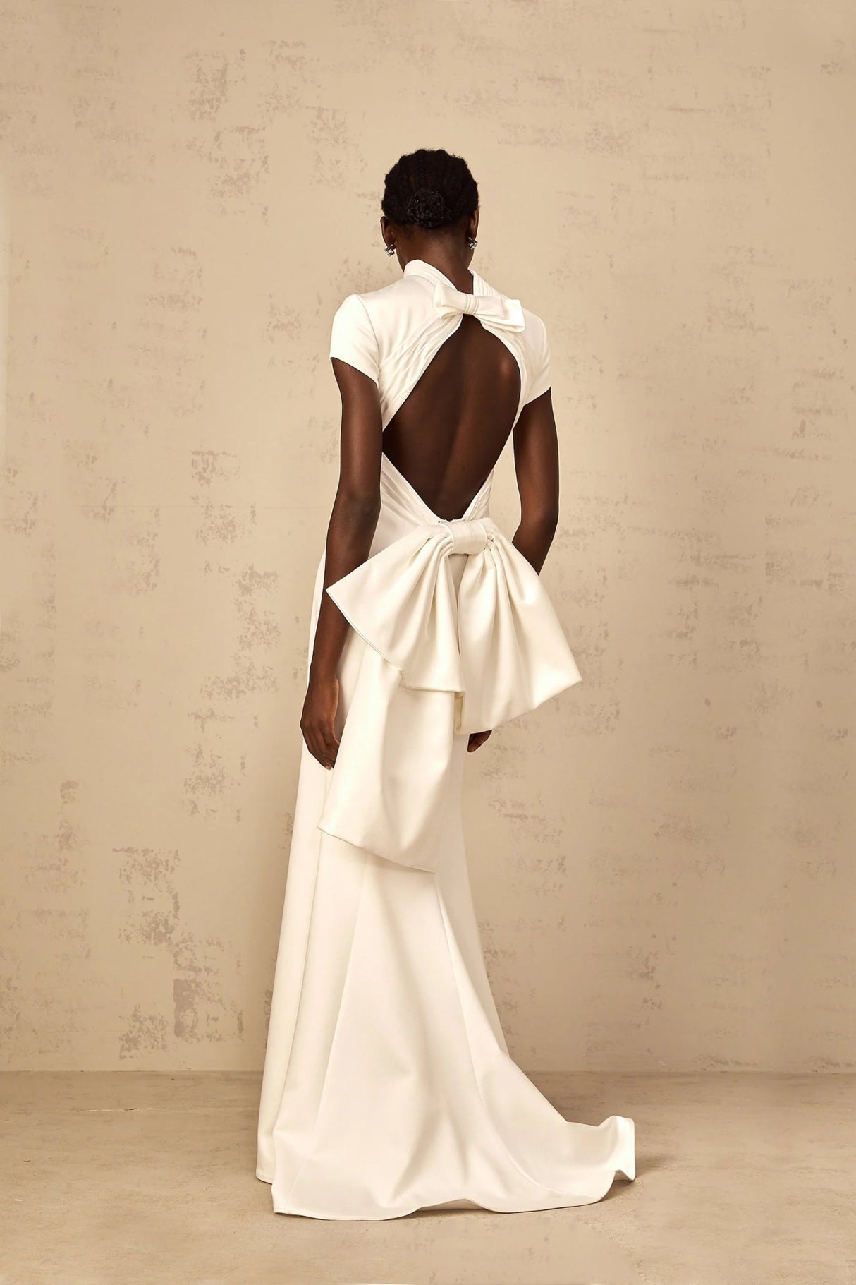 Kenzie Maxi Dress White Bow Mermaid Hem Open Back Cross - Boned
