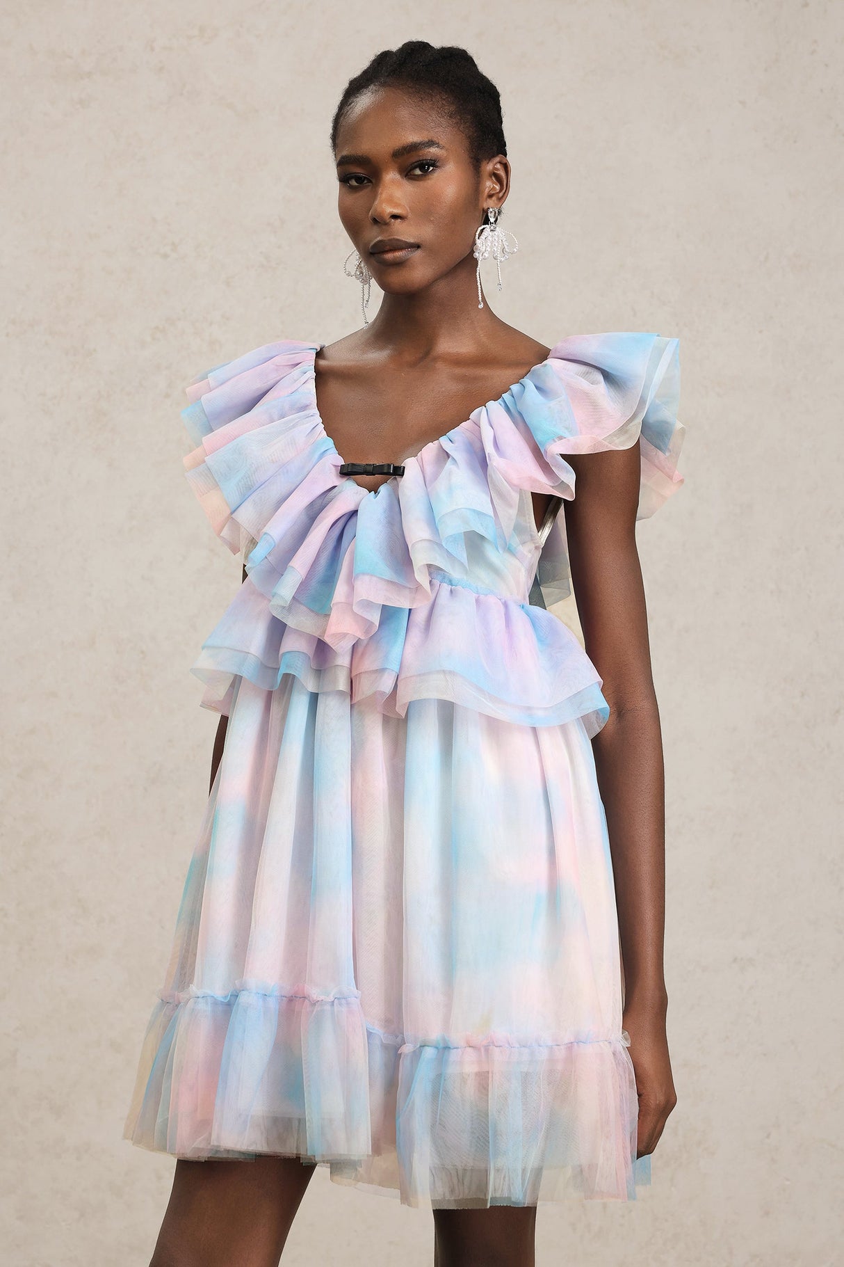 Kenzie Pink Ruffled Neckline Puff Sleeve Mini Dress