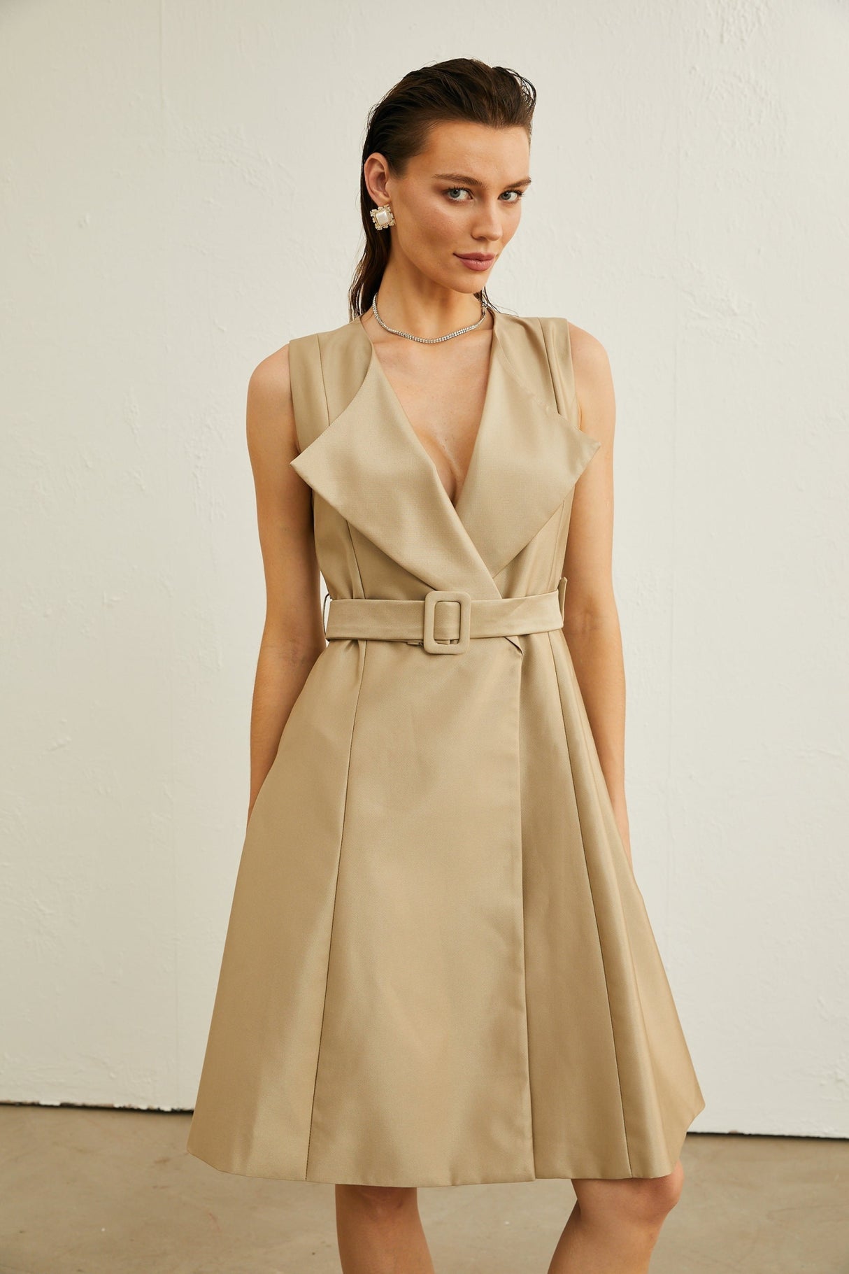 Khaki Belted Midi Dress with V - Neck and Pleated Flared Skirt