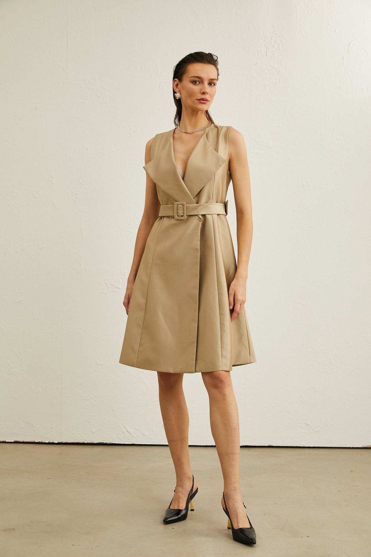 Khaki Belted Midi Dress with V - Neck and Pleated Flared Skirt