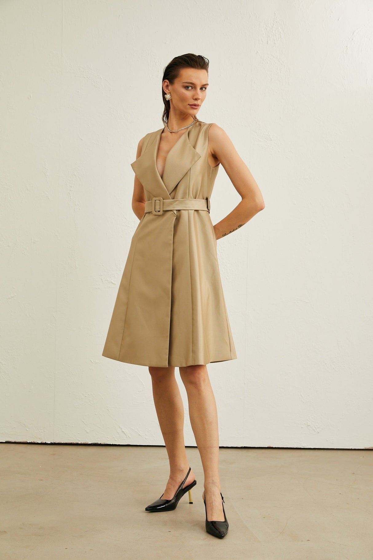 Khaki Belted Midi Dress with V - Neck and Pleated Flared Skirt
