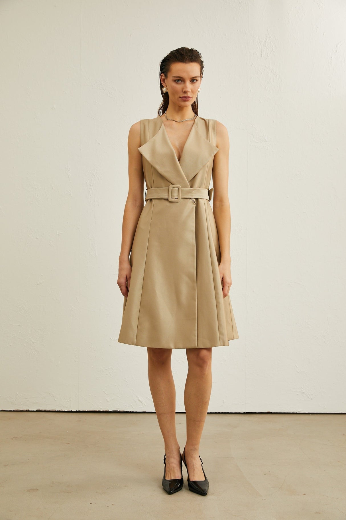 Khaki Belted Midi Dress with V - Neck and Pleated Flared Skirt