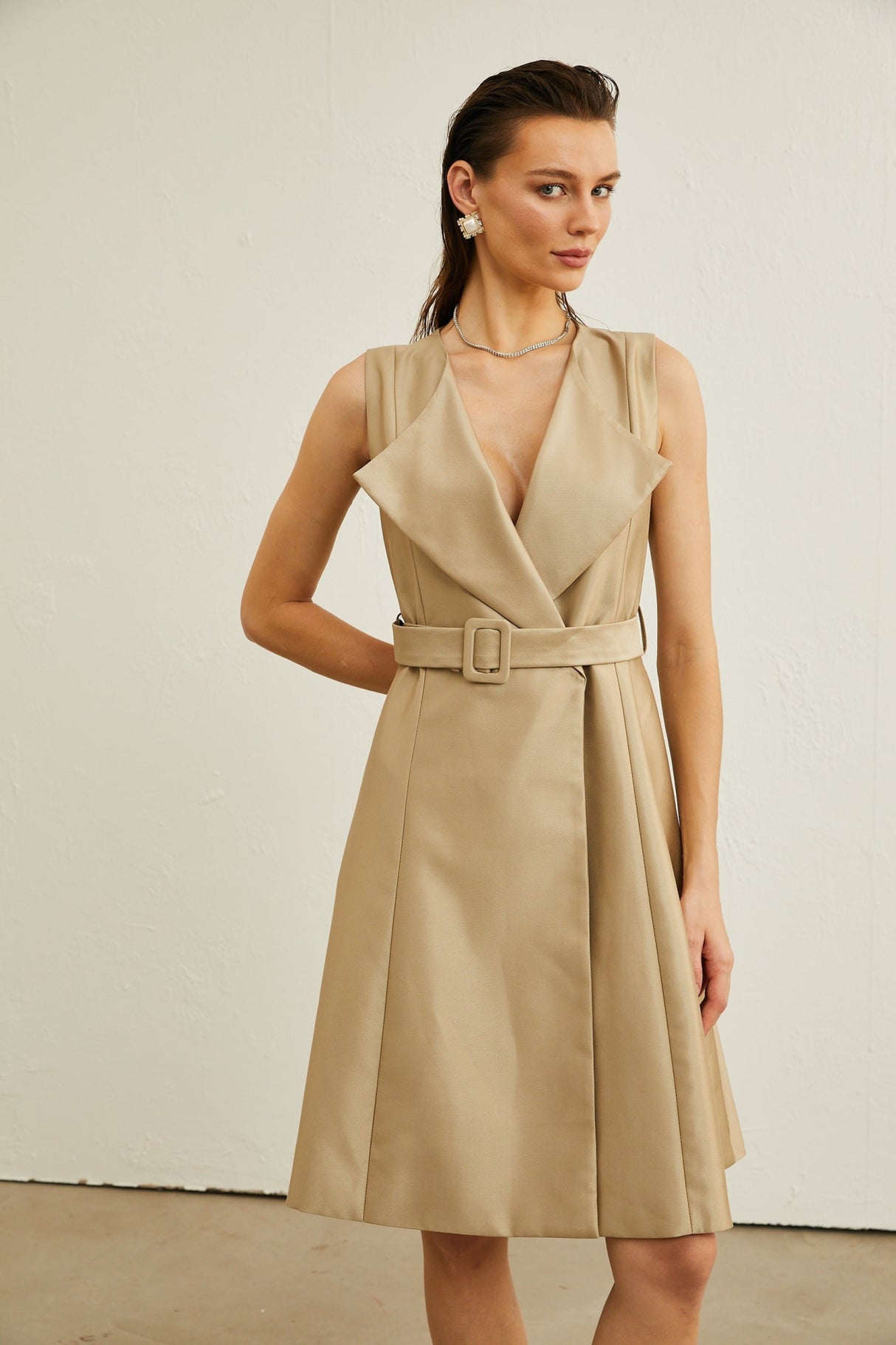 Khaki Belted Midi Dress with V - Neck and Pleated Flared Skirt