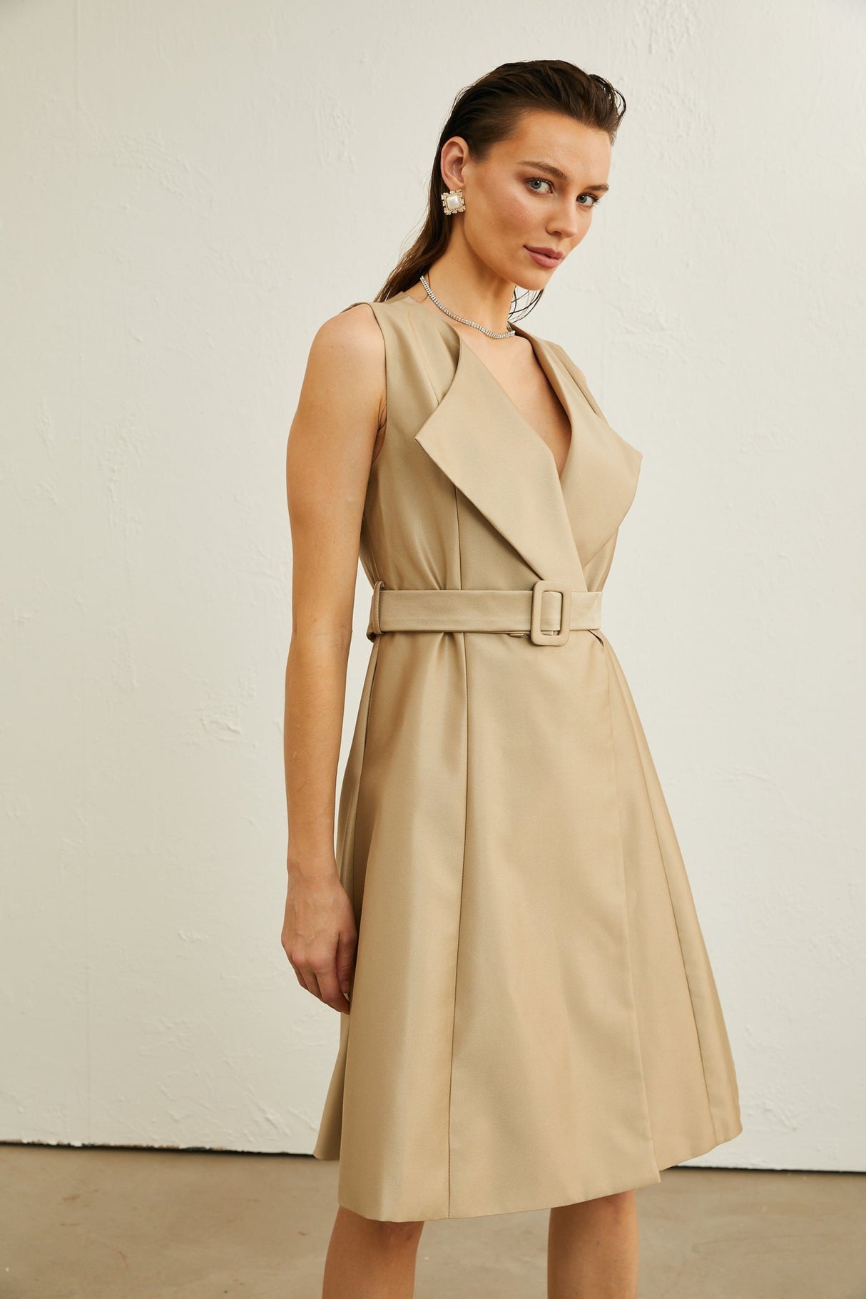 Khaki Belted Midi Dress with V - Neck and Pleated Flared Skirt