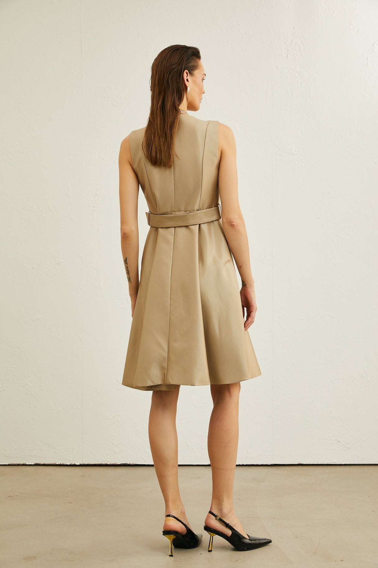 Khaki Belted Midi Dress with V - Neck and Pleated Flared Skirt