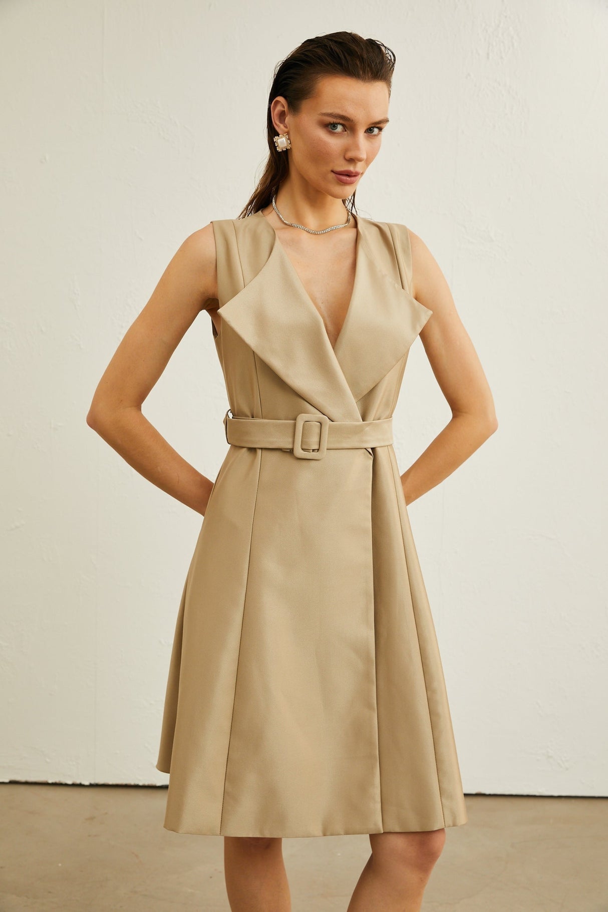 Khaki Belted Midi Dress with V - Neck and Pleated Flared Skirt