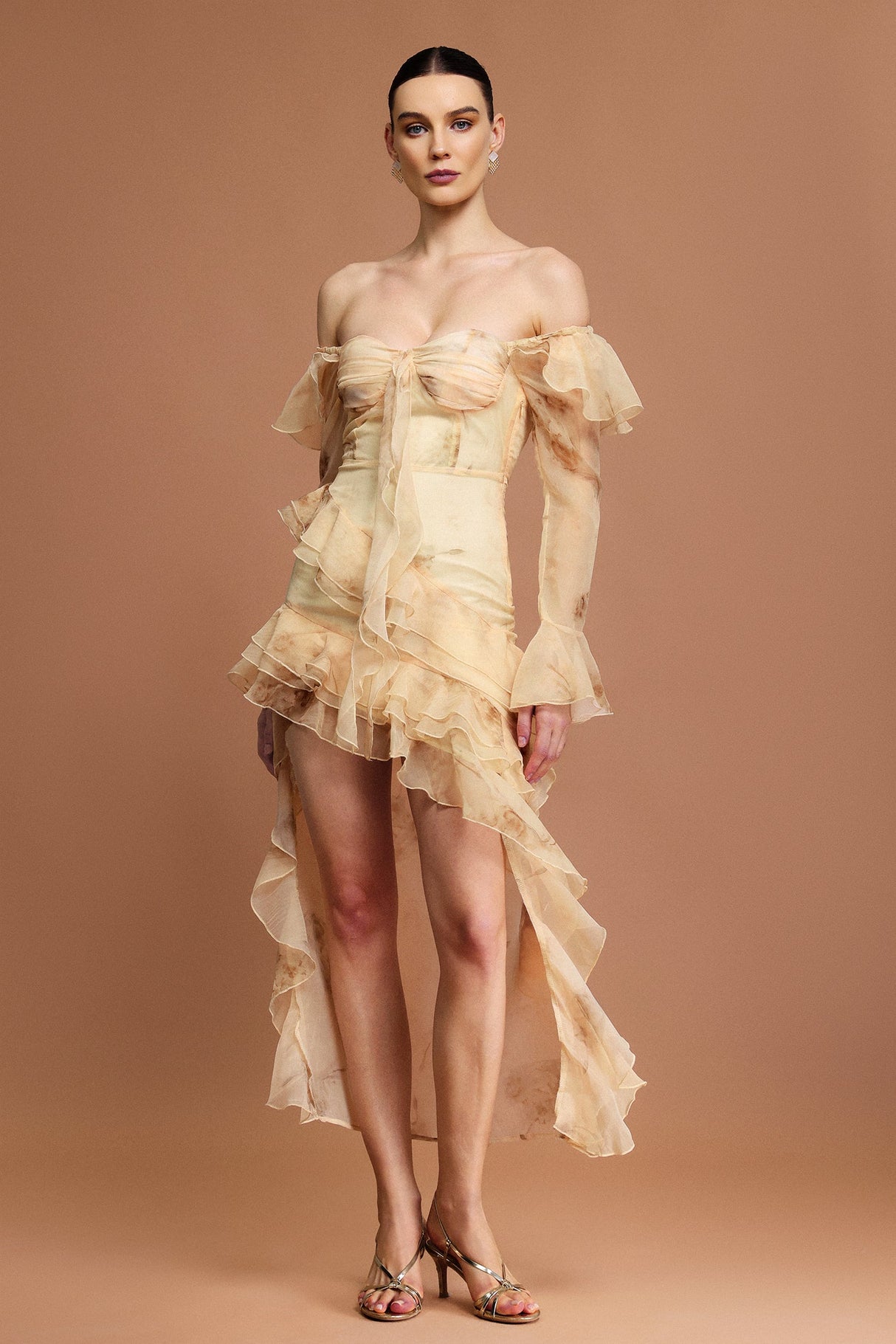 Khloe Beige Off-the-Shoulder Ruffled Midi Dress